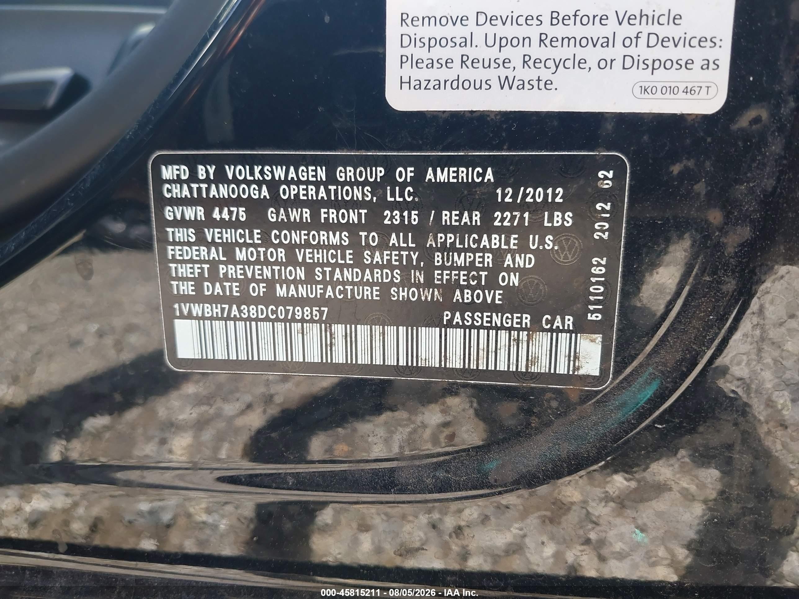 2013 Volkswagen Passat 2.5l Se Black vin: 1VWBH7A38DC079857