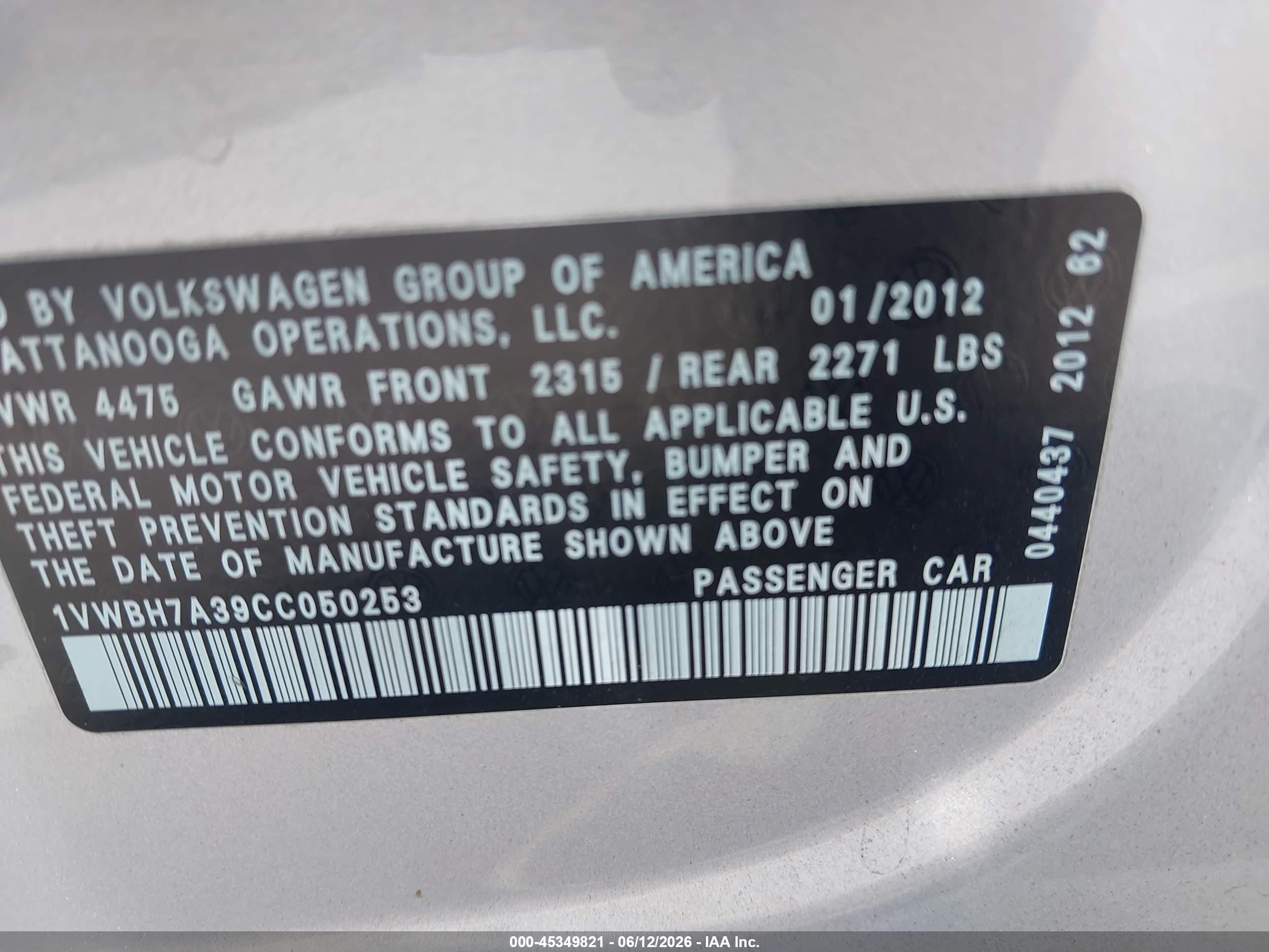 2012 Volkswagen Passat 2.5l Se Gray vin: 1VWBH7A39CC050253