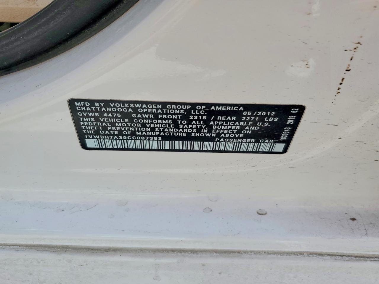 2012 Volkswagen Passat Se White vin: 1VWBH7A39CC087383
