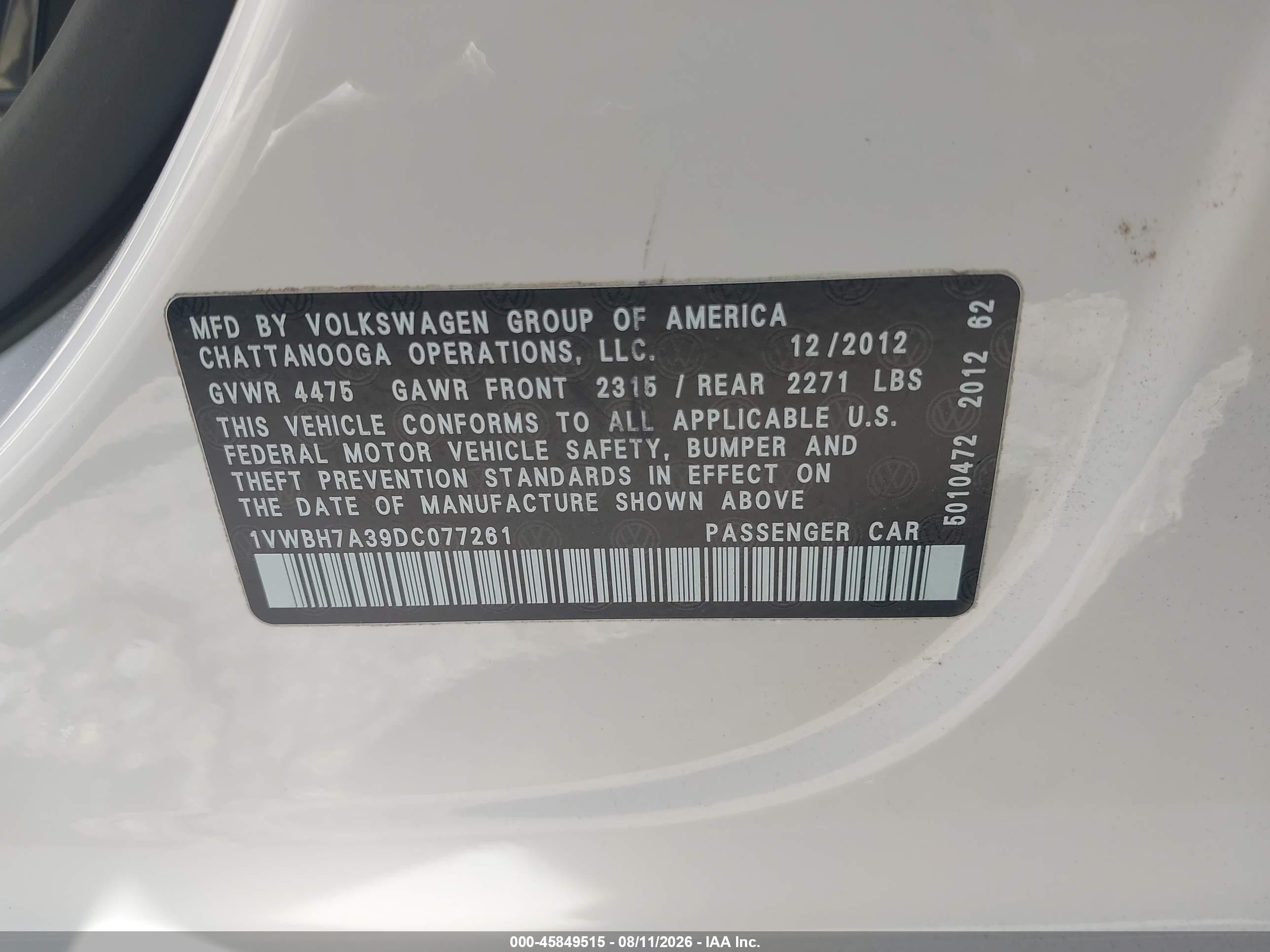 2013 Volkswagen Passat 2.5l Se White vin: 1VWBH7A39DC077261