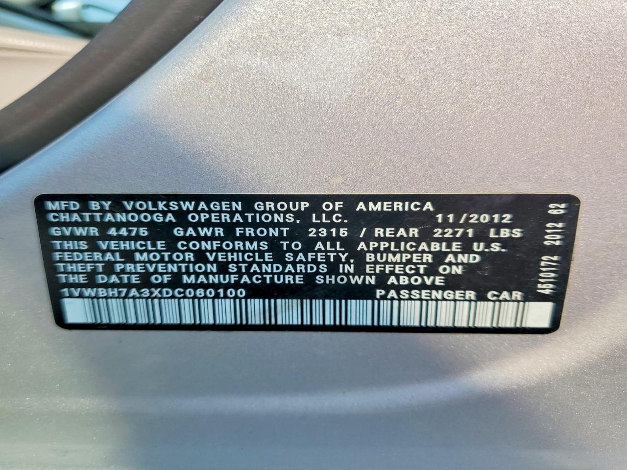 2013 Volkswagen Passat Se Silver vin: 1VWBH7A3XDC060100