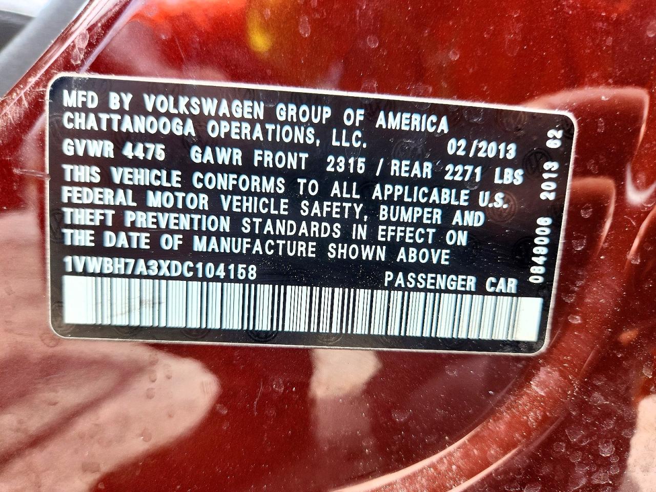 2013 Volkswagen Passat Se Burgundy vin: 1VWBH7A3XDC104158