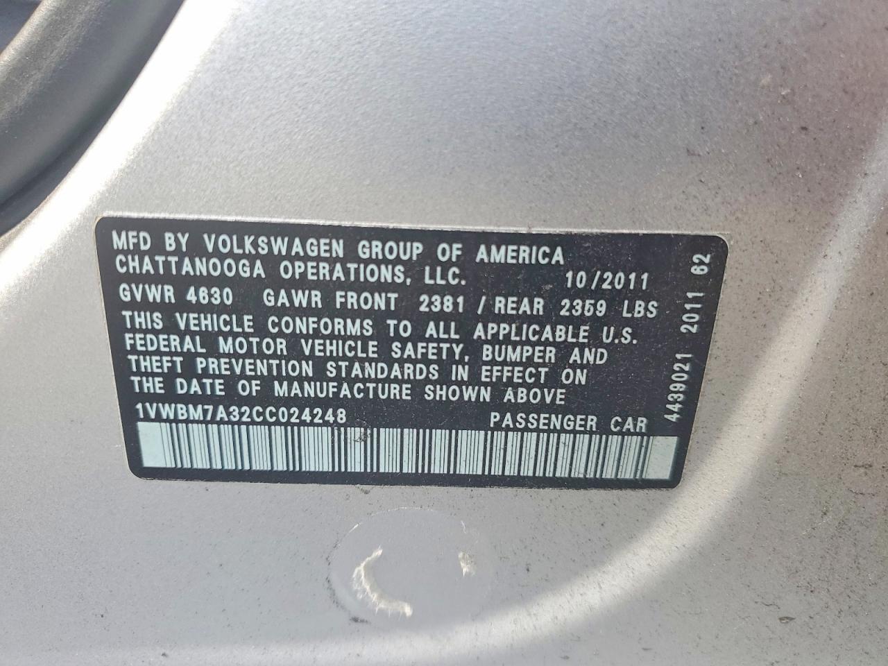 2012 Volkswagen Passat Se Silver vin: 1VWBM7A32CC024248