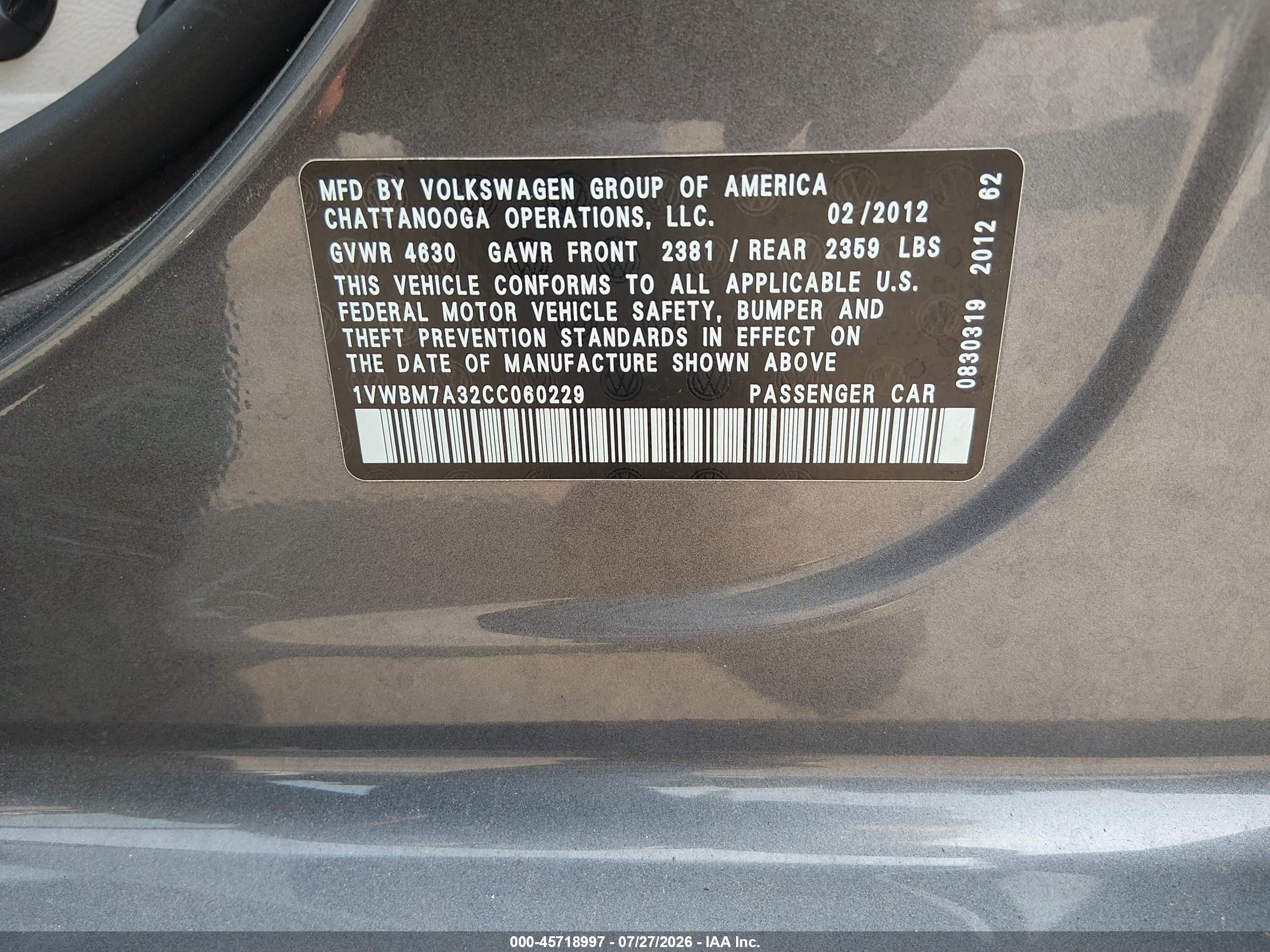 2012 Volkswagen Passat 3.6l V6 Se Gray vin: 1VWBM7A32CC060229