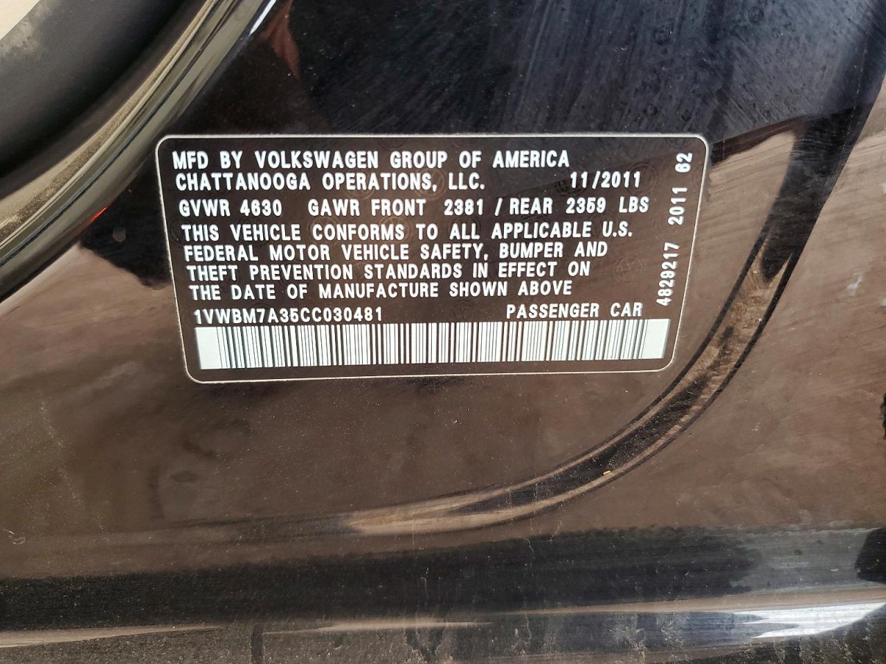 2012 Volkswagen Passat Se Черный vin: 1VWBM7A35CC030481