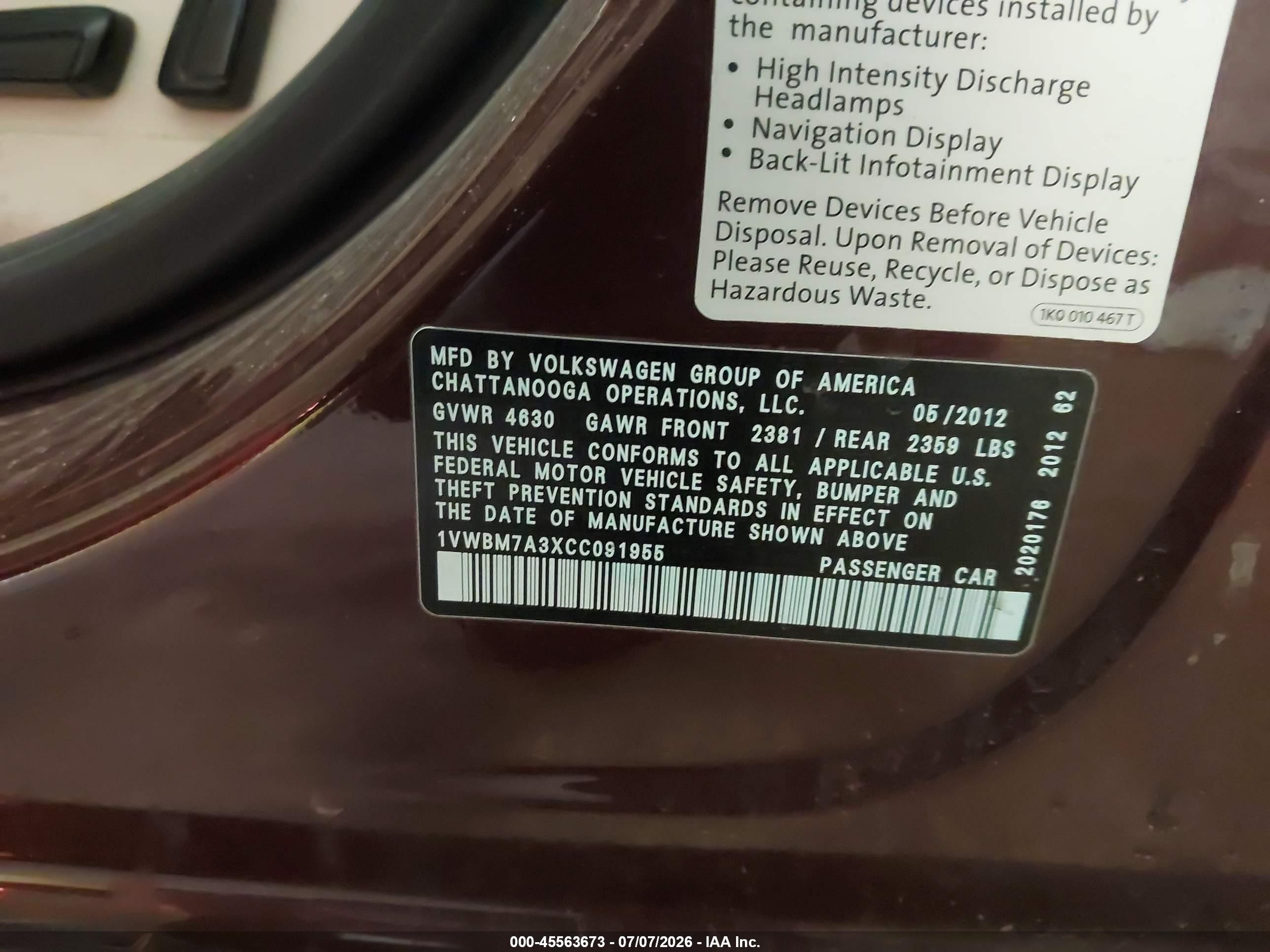 2012 Volkswagen Passat 3.6l V6 Se Красный vin: 1VWBM7A3XCC091955