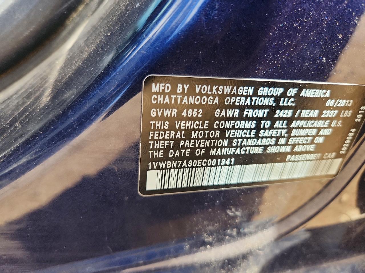 2014 Volkswagen Passat Se Blue vin: 1VWBN7A30EC001941