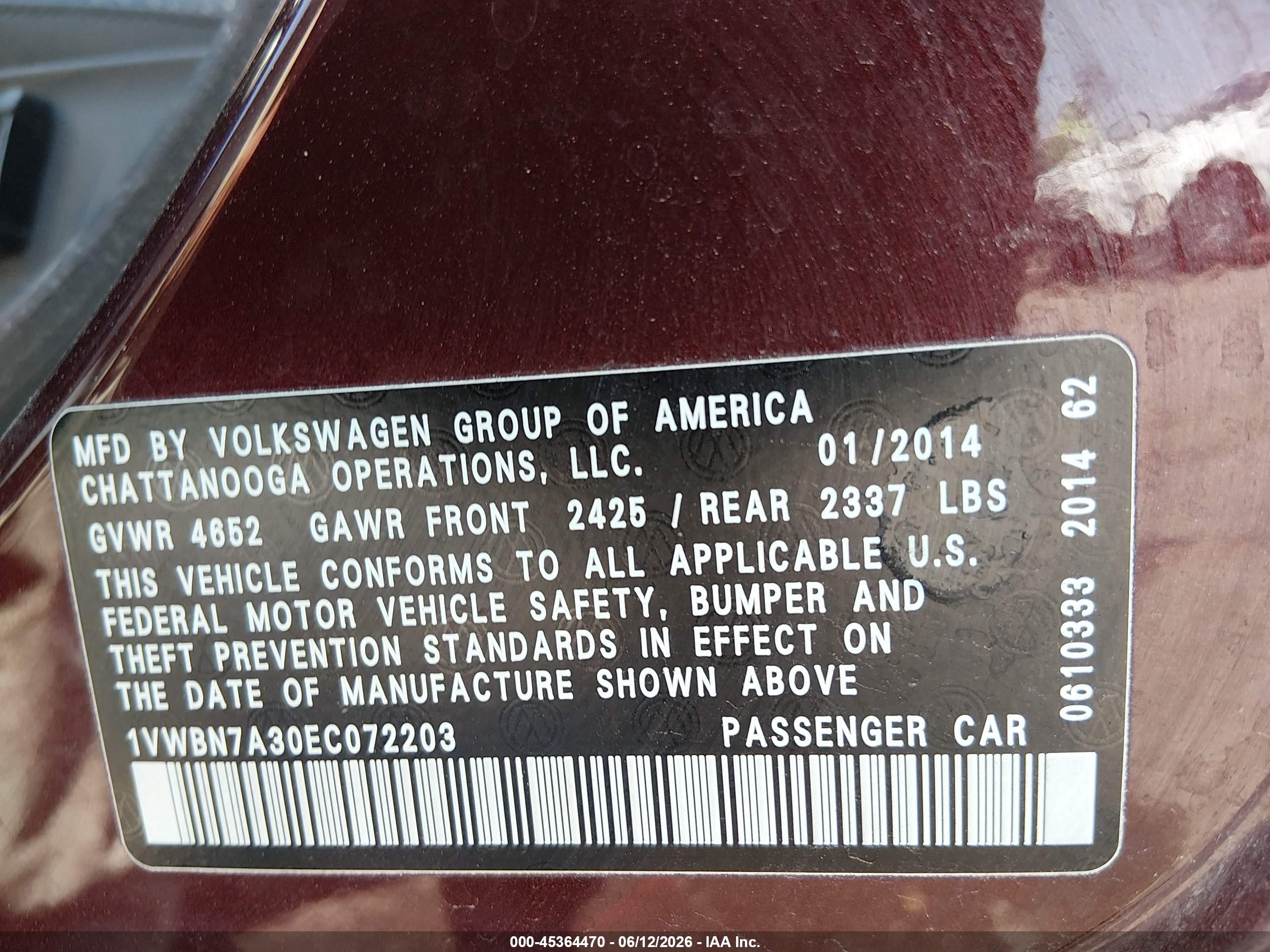 2014 Volkswagen Passat 2.0l Tdi Se Red vin: 1VWBN7A30EC072203
