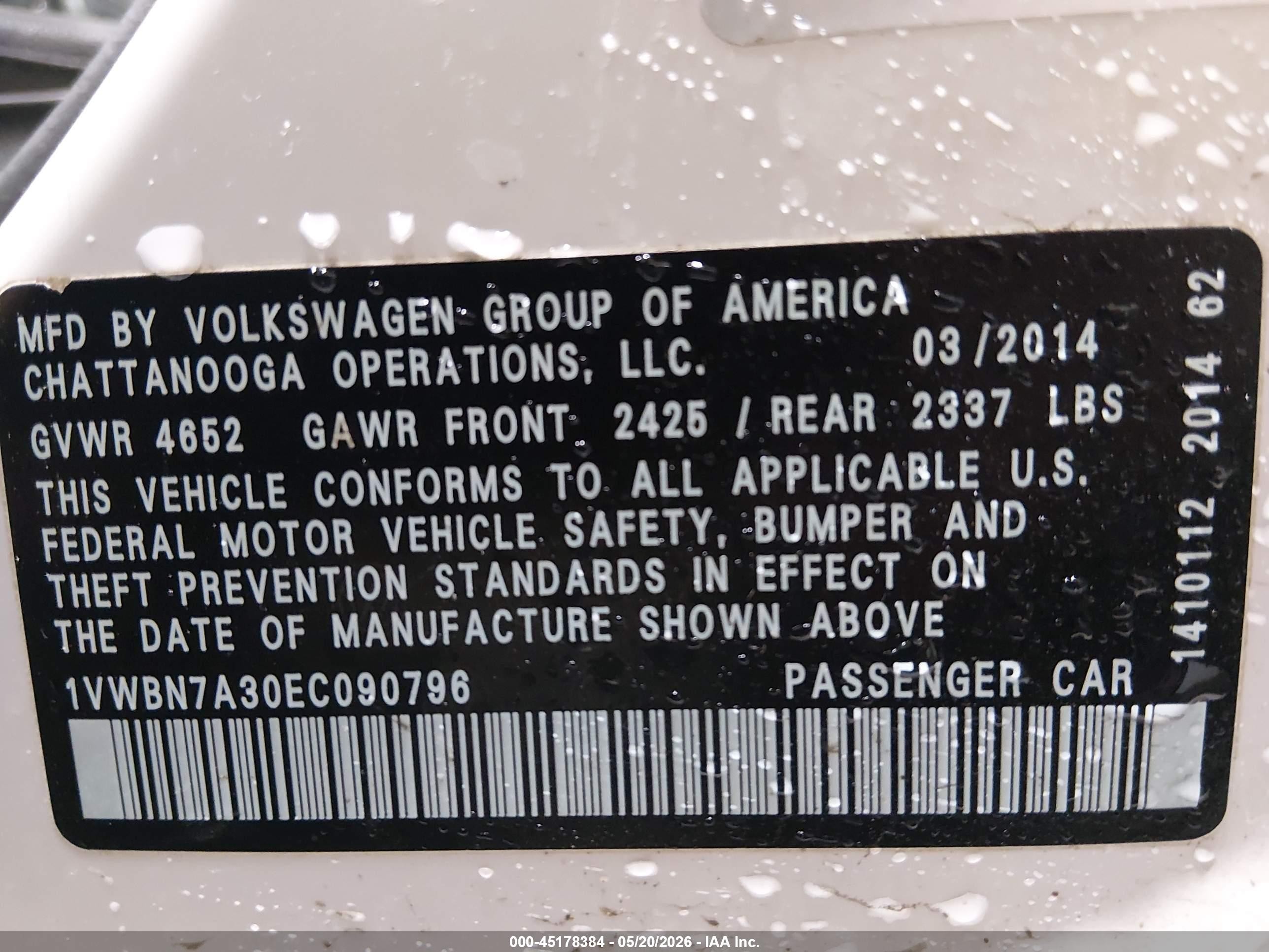 2014 Volkswagen Passat 2.0l Tdi Se White vin: 1VWBN7A30EC090796
