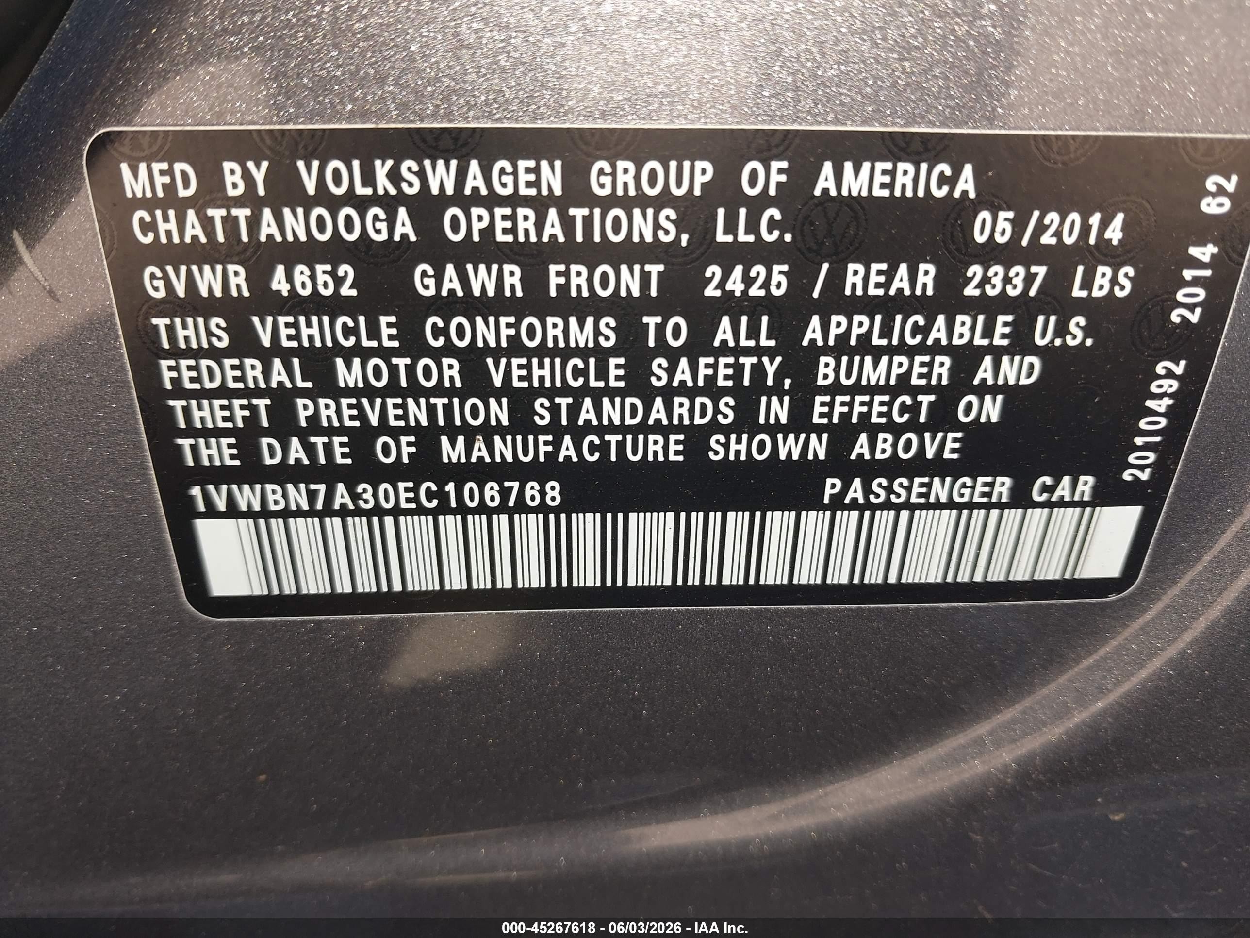 2014 Volkswagen Passat 2.0l Tdi Se Gray vin: 1VWBN7A30EC106768
