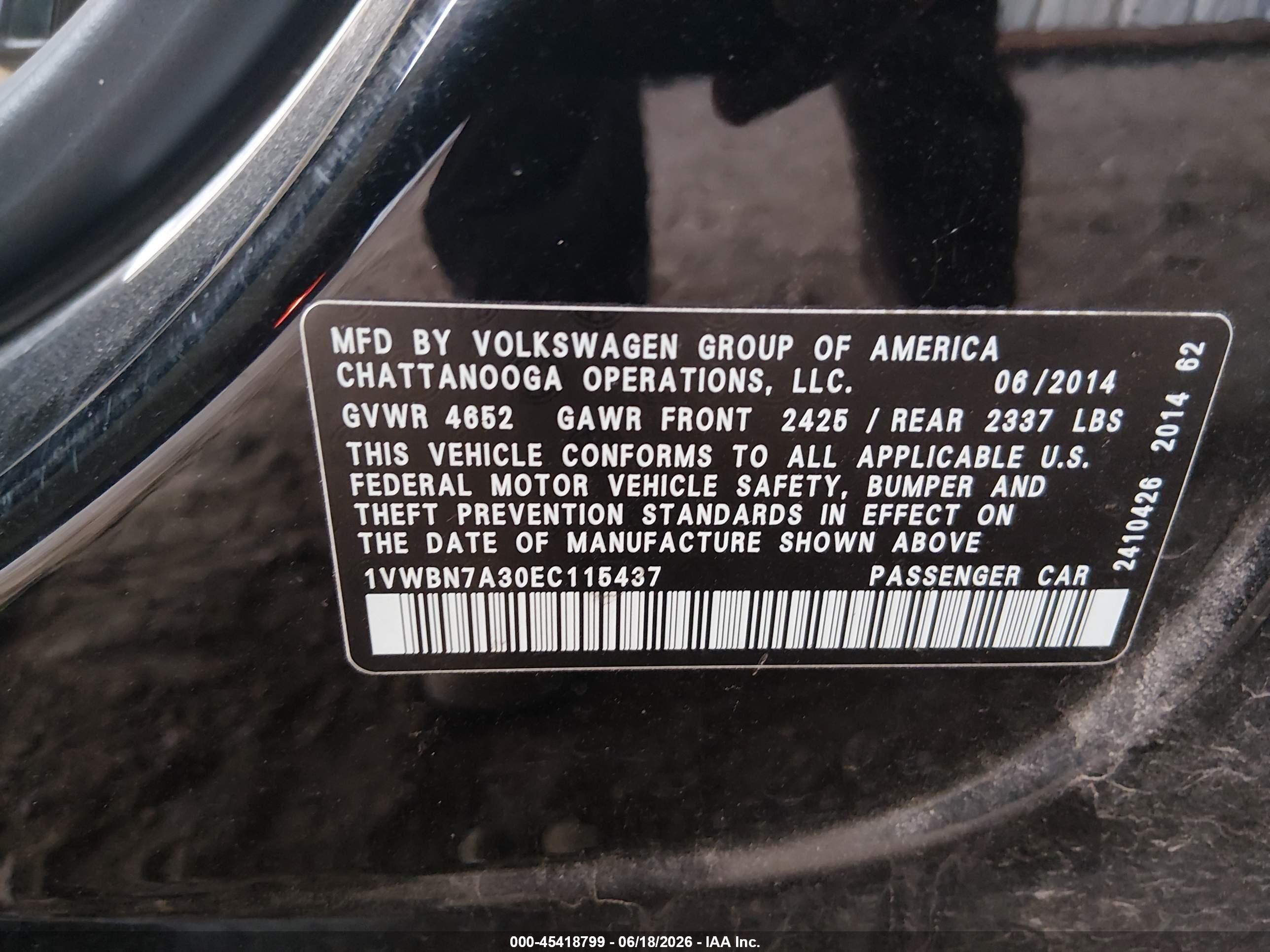 2014 Volkswagen Passat 2.0l Tdi Se Black vin: 1VWBN7A30EC115437