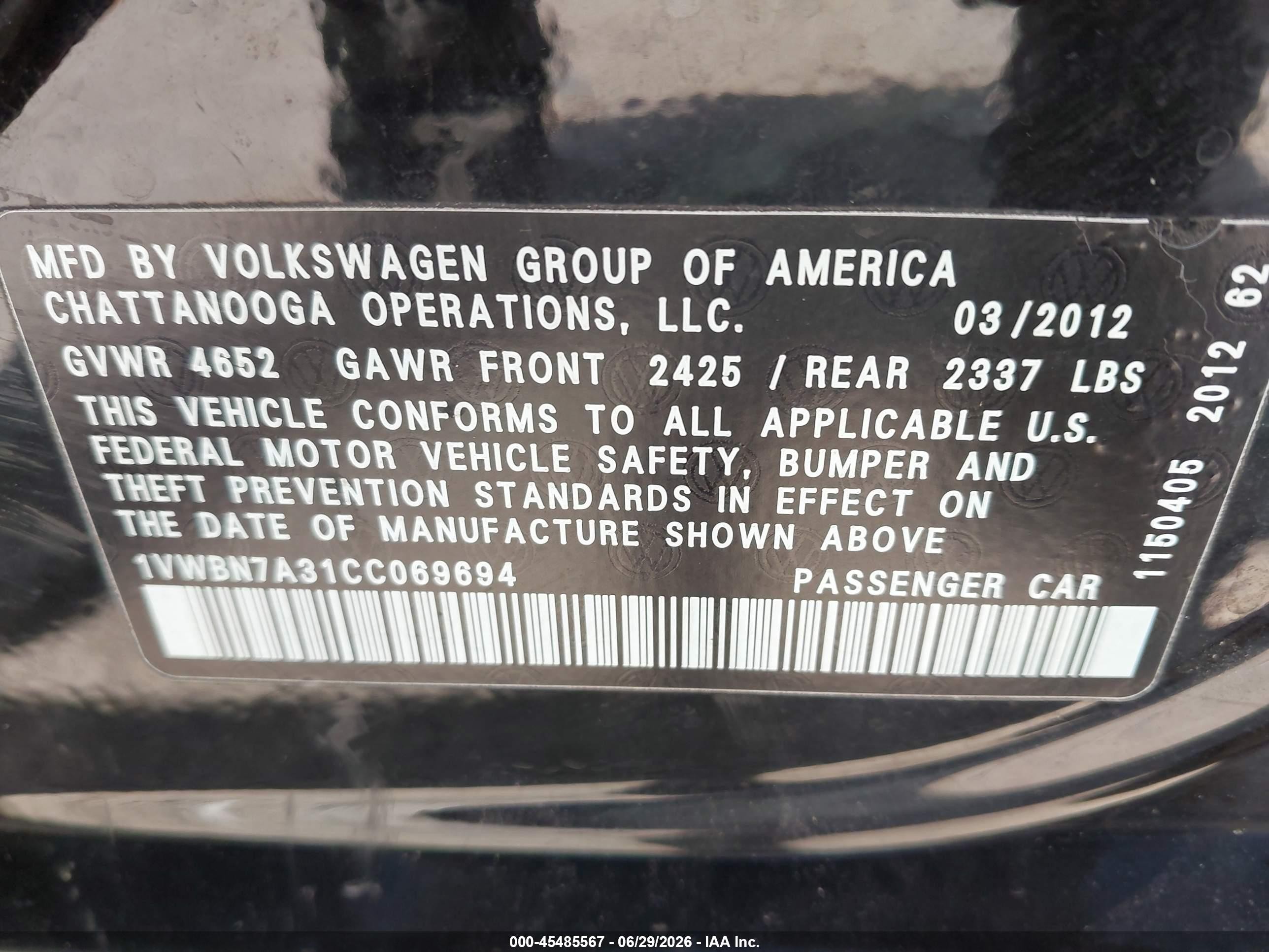 2012 Volkswagen Passat 2.0l Tdi Se Black vin: 1VWBN7A31CC069694