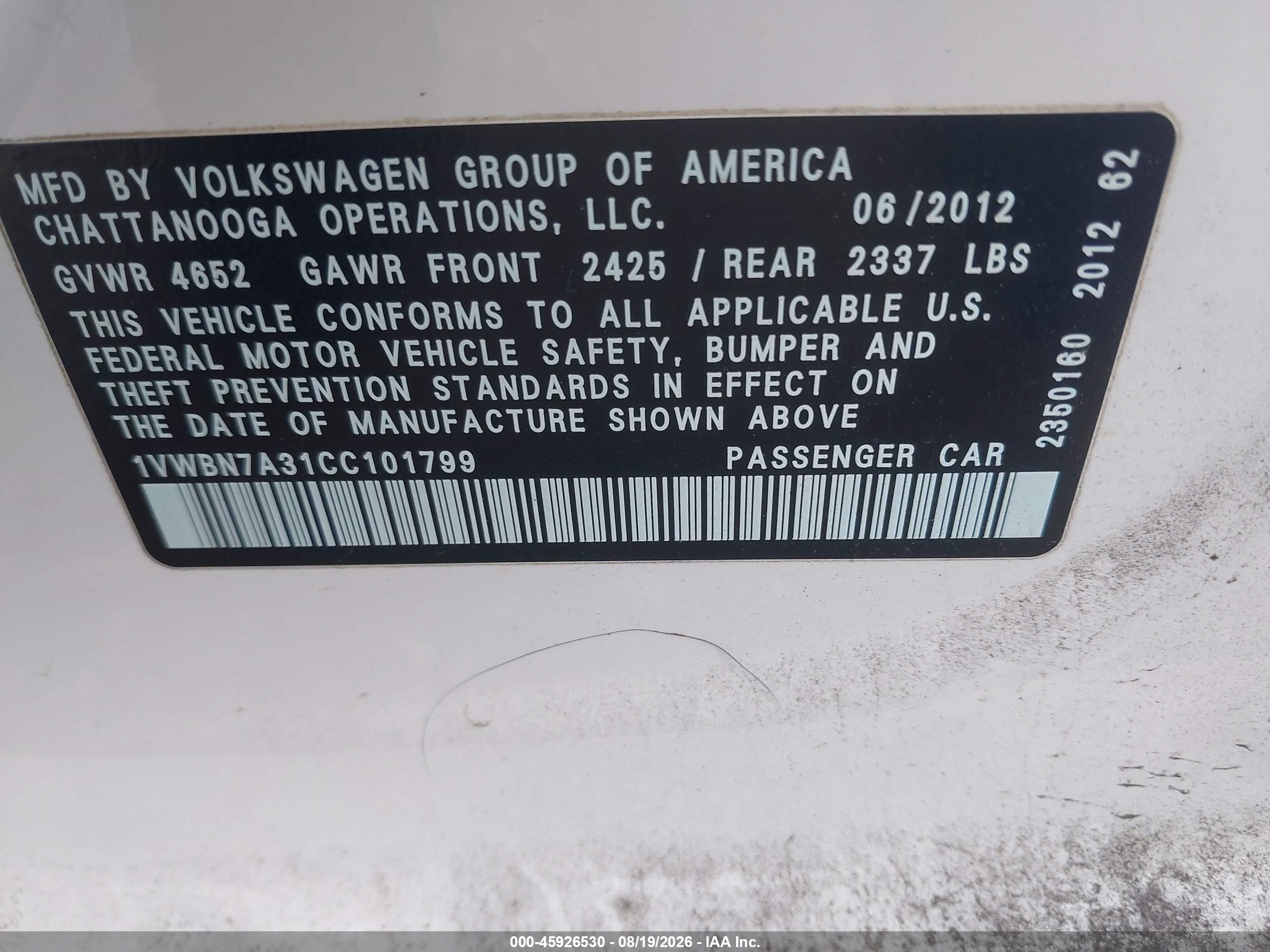 2012 Volkswagen Passat 2.0l Tdi Se White vin: 1VWBN7A31CC101799