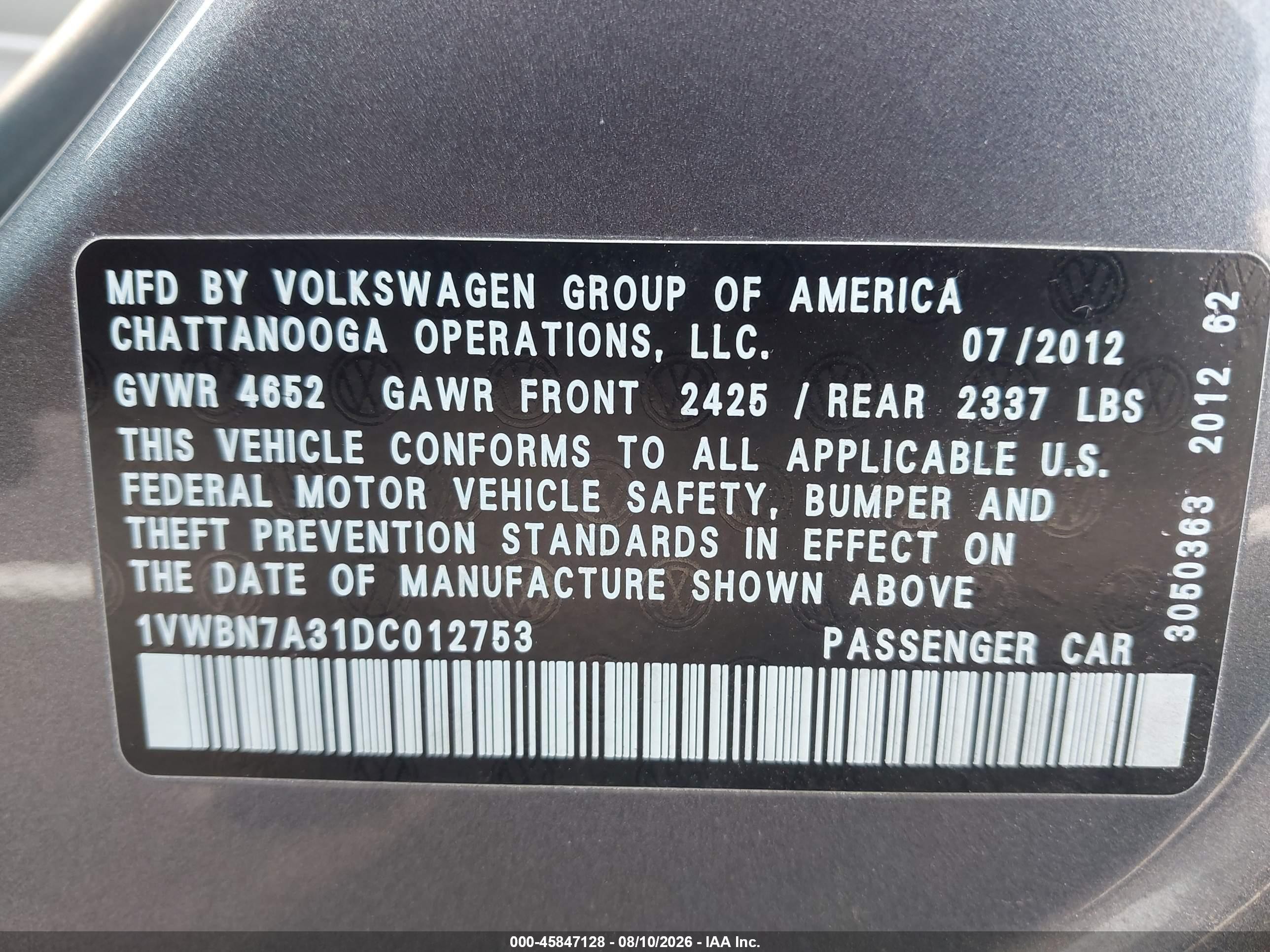 2013 Volkswagen Passat 2.0l Tdi Se Gray vin: 1VWBN7A31DC012753