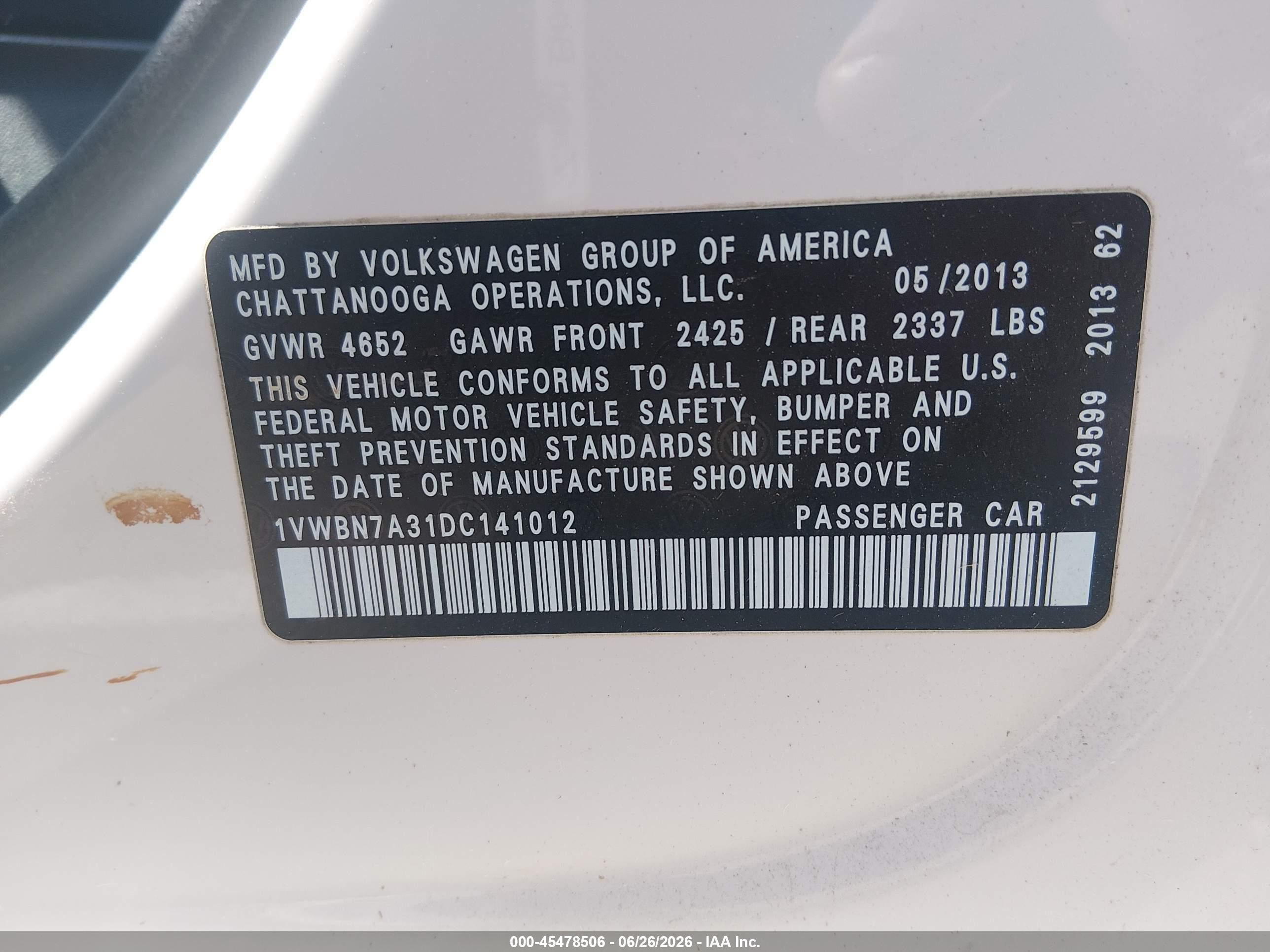 2013 Volkswagen Passat 2.0l Tdi Se White vin: 1VWBN7A31DC141012