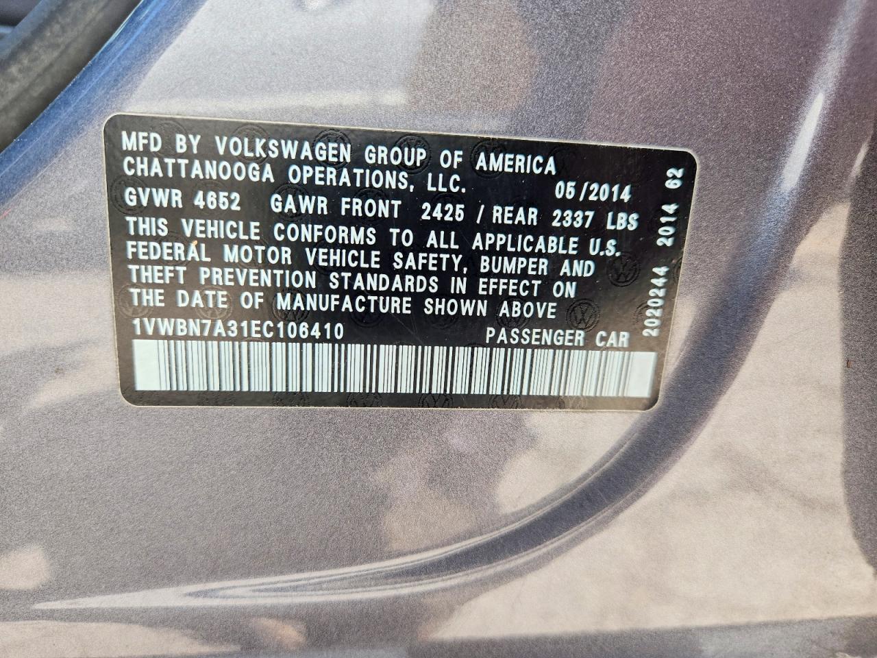 2014 Volkswagen Passat Se Gray vin: 1VWBN7A31EC106410