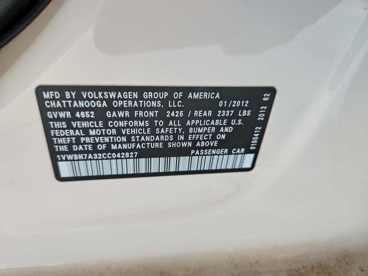 2012 Volkswagen Passat Se White vin: 1VWBN7A32CC042827