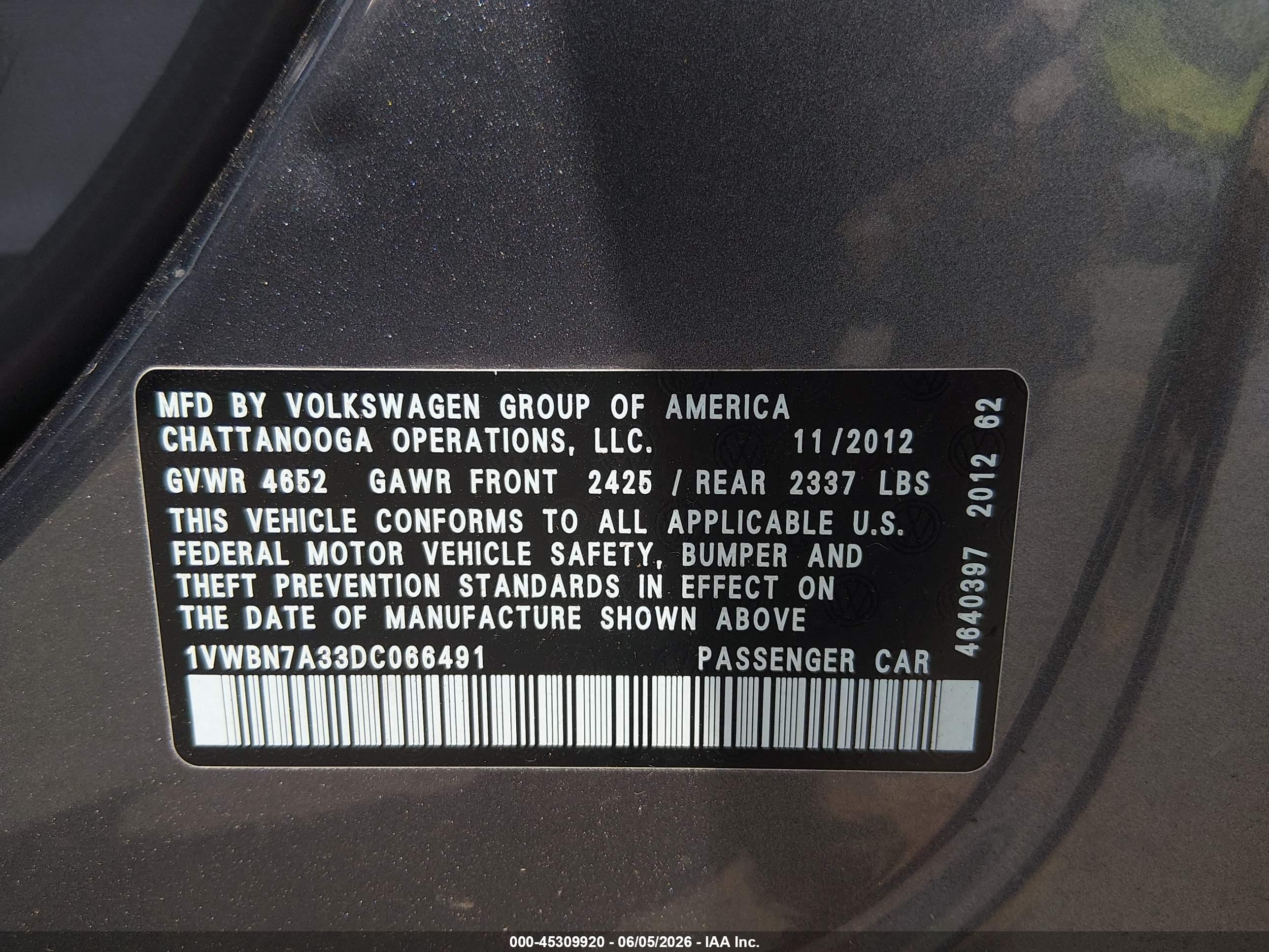 2013 Volkswagen Passat 2.0l Tdi Se Gray vin: 1VWBN7A33DC066491