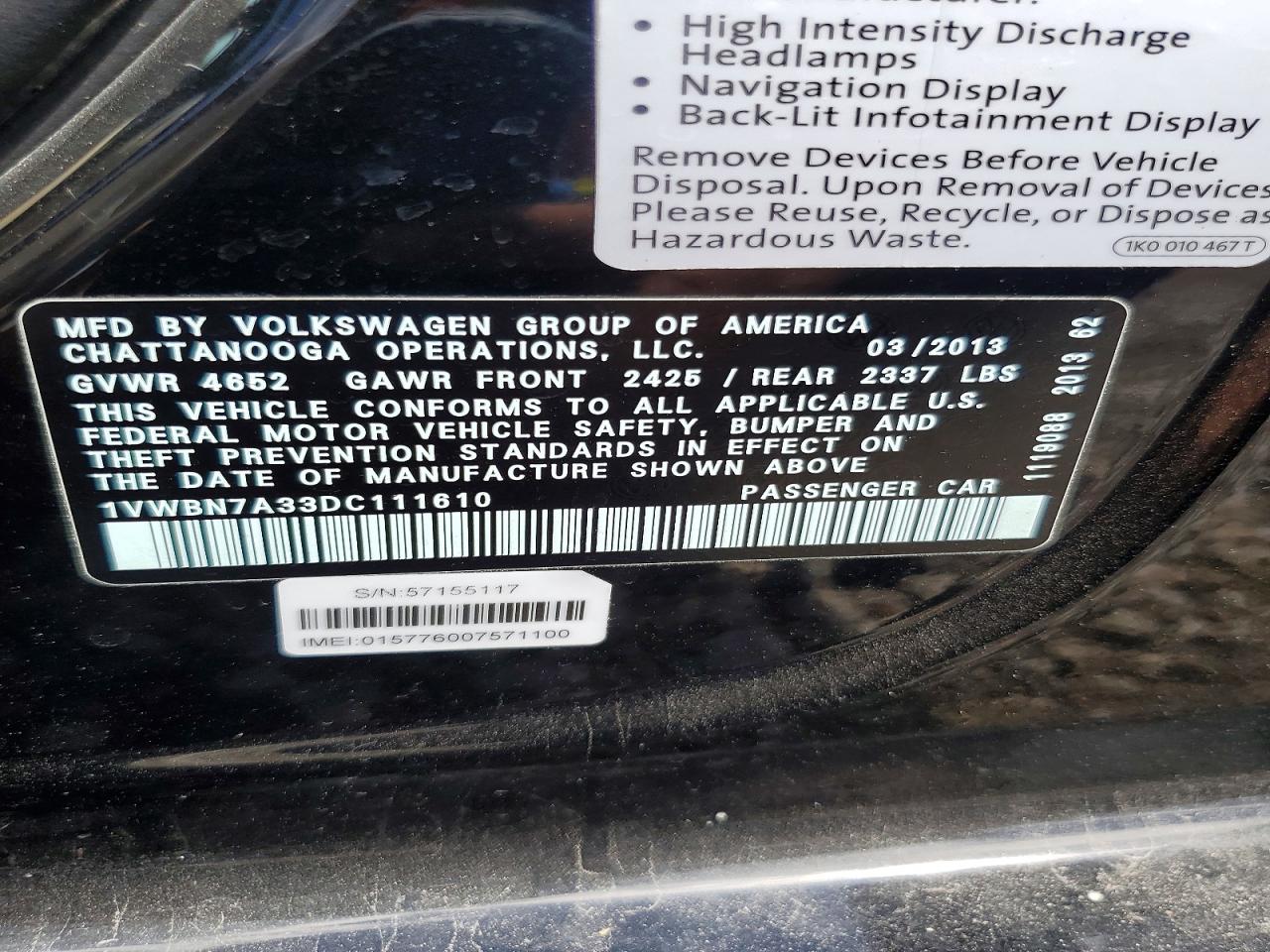 2013 Volkswagen Passat Se Black vin: 1VWBN7A33DC111610