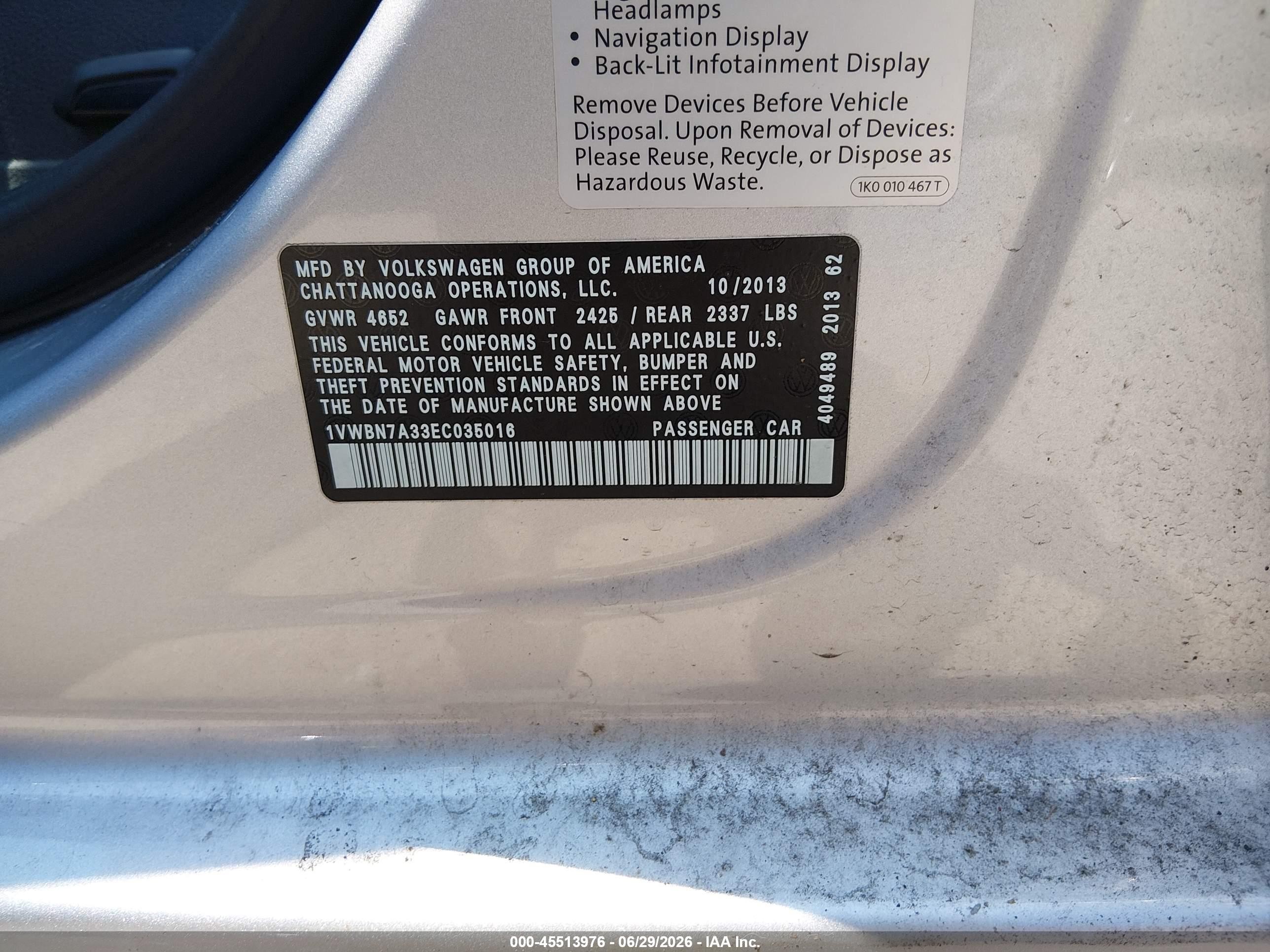 2014 Volkswagen Passat 2.0l Tdi Se Silver vin: 1VWBN7A33EC035016