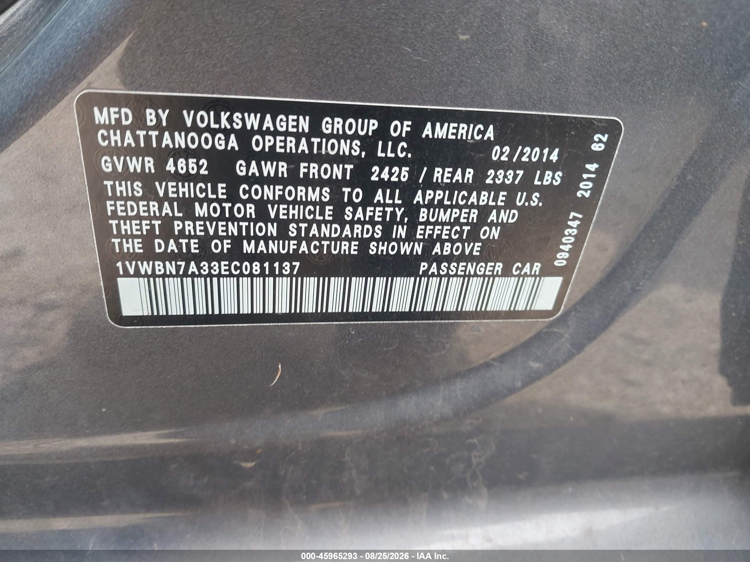 2014 Volkswagen Passat 2.0l Tdi Se Gray vin: 1VWBN7A33EC081137