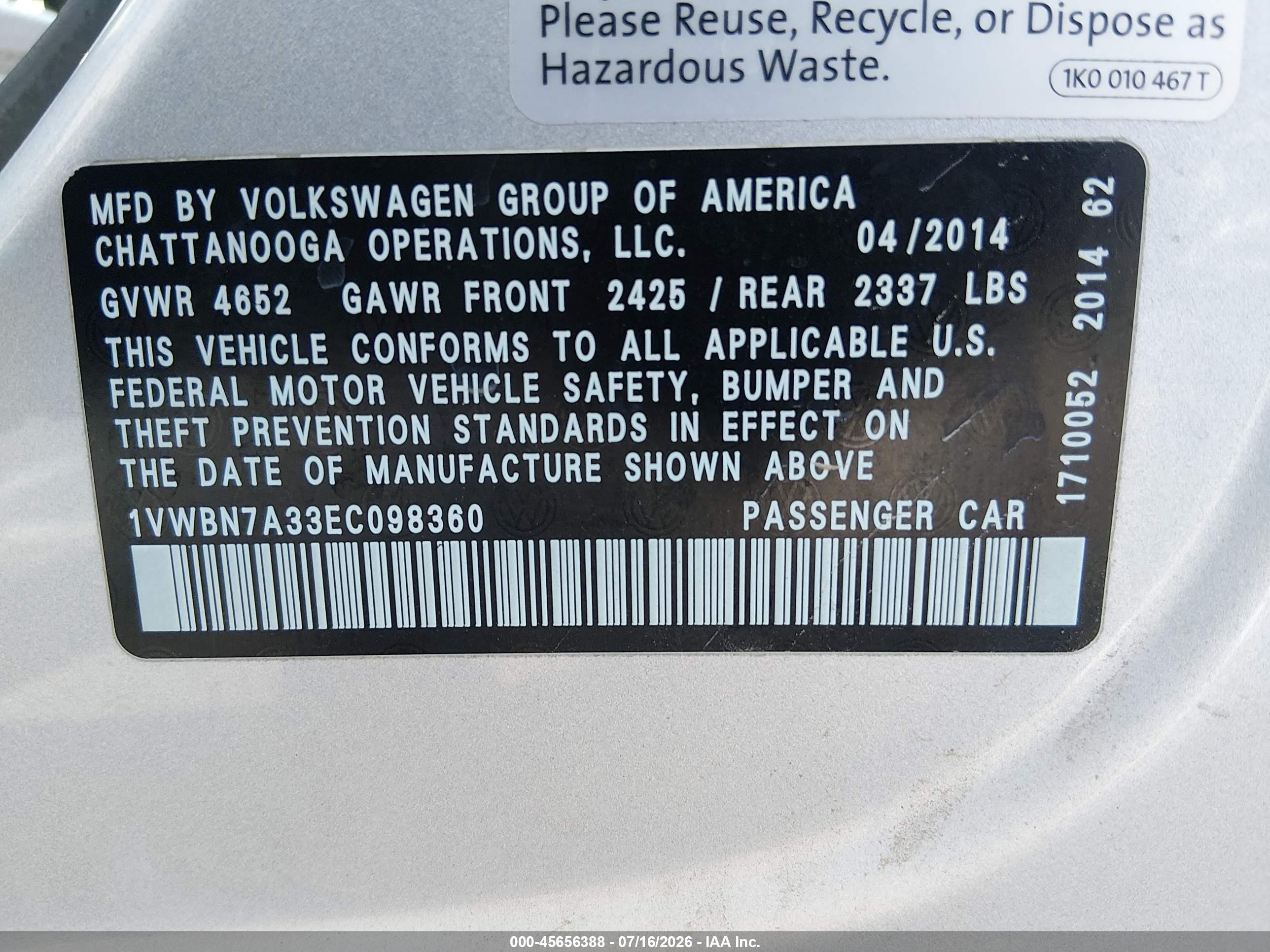 2014 Volkswagen Passat 2.0l Tdi Se Silver vin: 1VWBN7A33EC098360