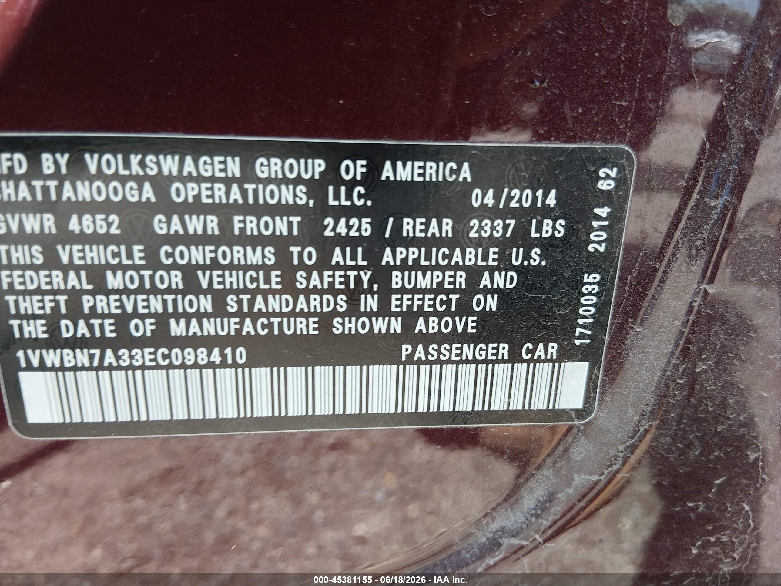 2014 Volkswagen Passat 2.0l Tdi Se Maroon vin: 1VWBN7A33EC098410