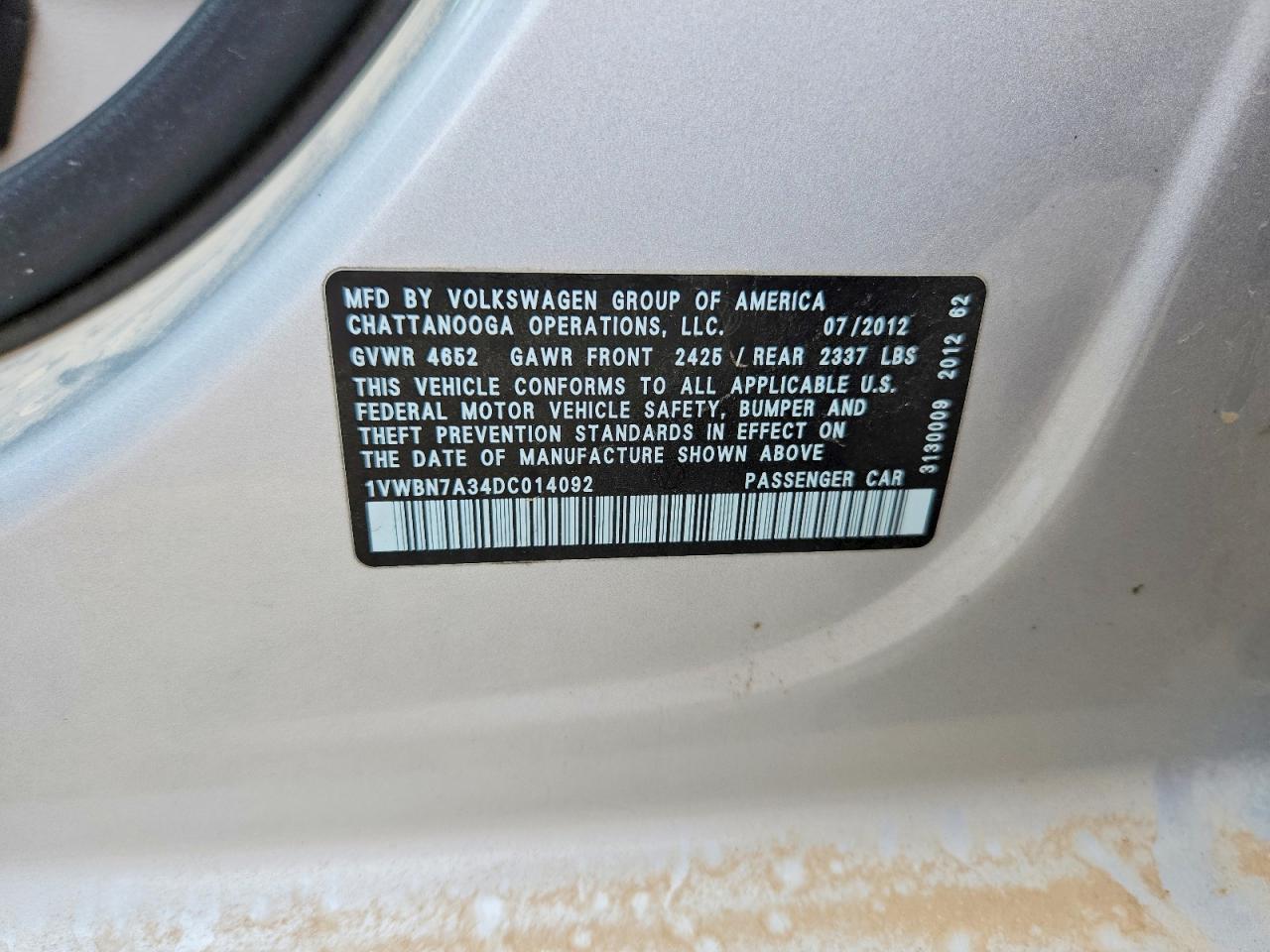 2013 Volkswagen Passat Se Silver vin: 1VWBN7A34DC014092