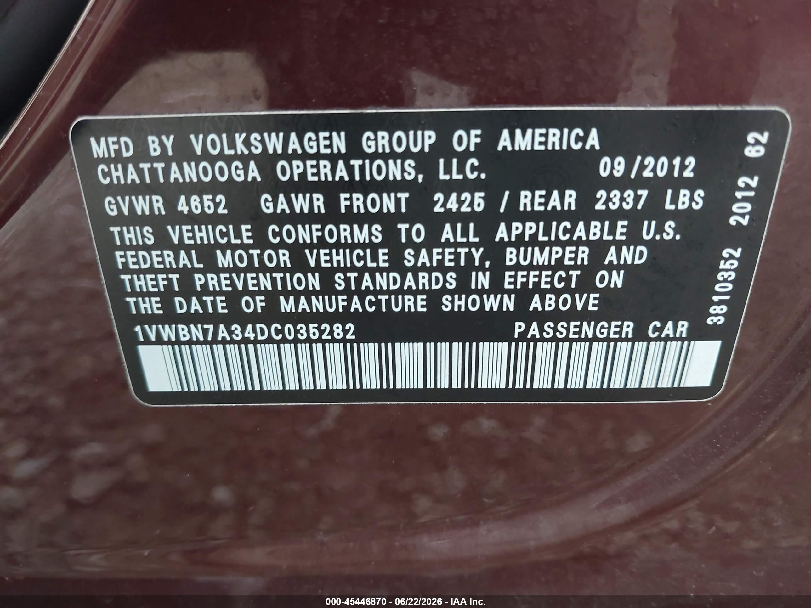 2013 Volkswagen Passat 2.0l Tdi Se Maroon vin: 1VWBN7A34DC035282