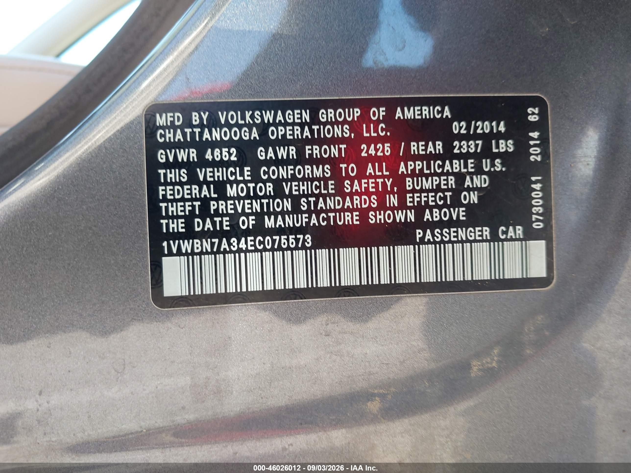 2014 Volkswagen Passat 2.0l Tdi Se Gray vin: 1VWBN7A34EC075573