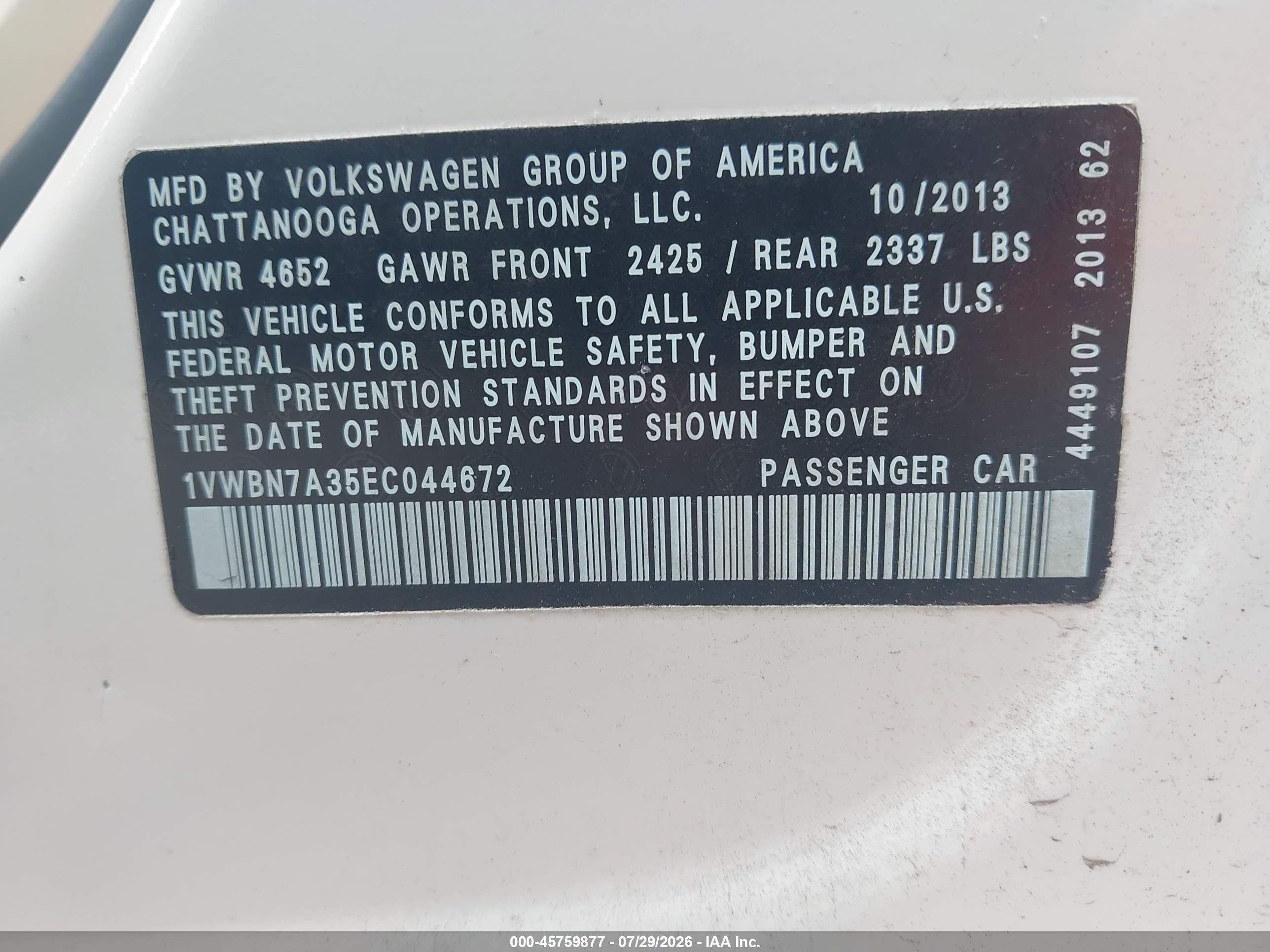 2014 Volkswagen Passat 2.0l Tdi Se Белый vin: 1VWBN7A35EC044672