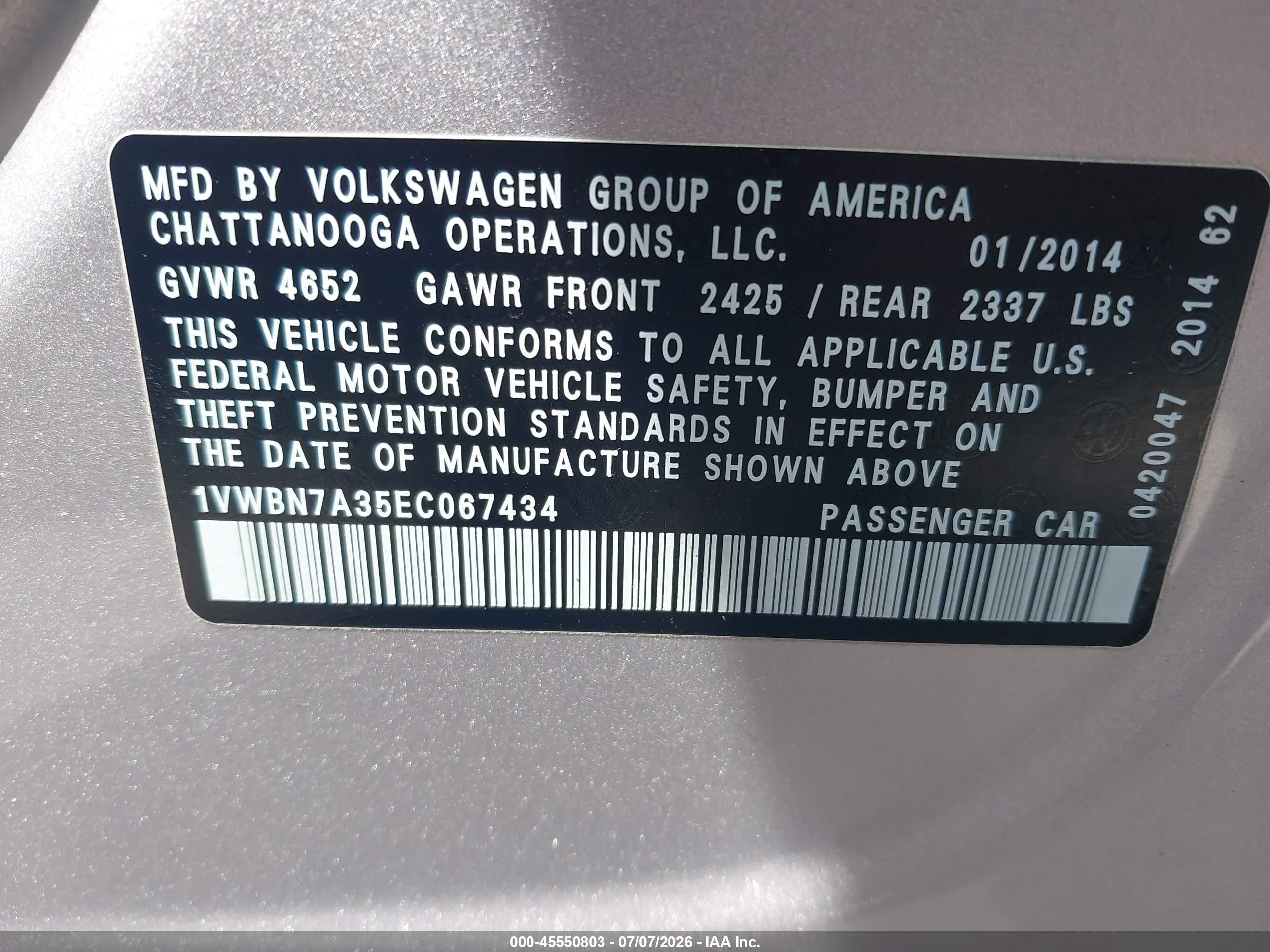 2014 Volkswagen Passat 2.0l Tdi Se Silver vin: 1VWBN7A35EC067434