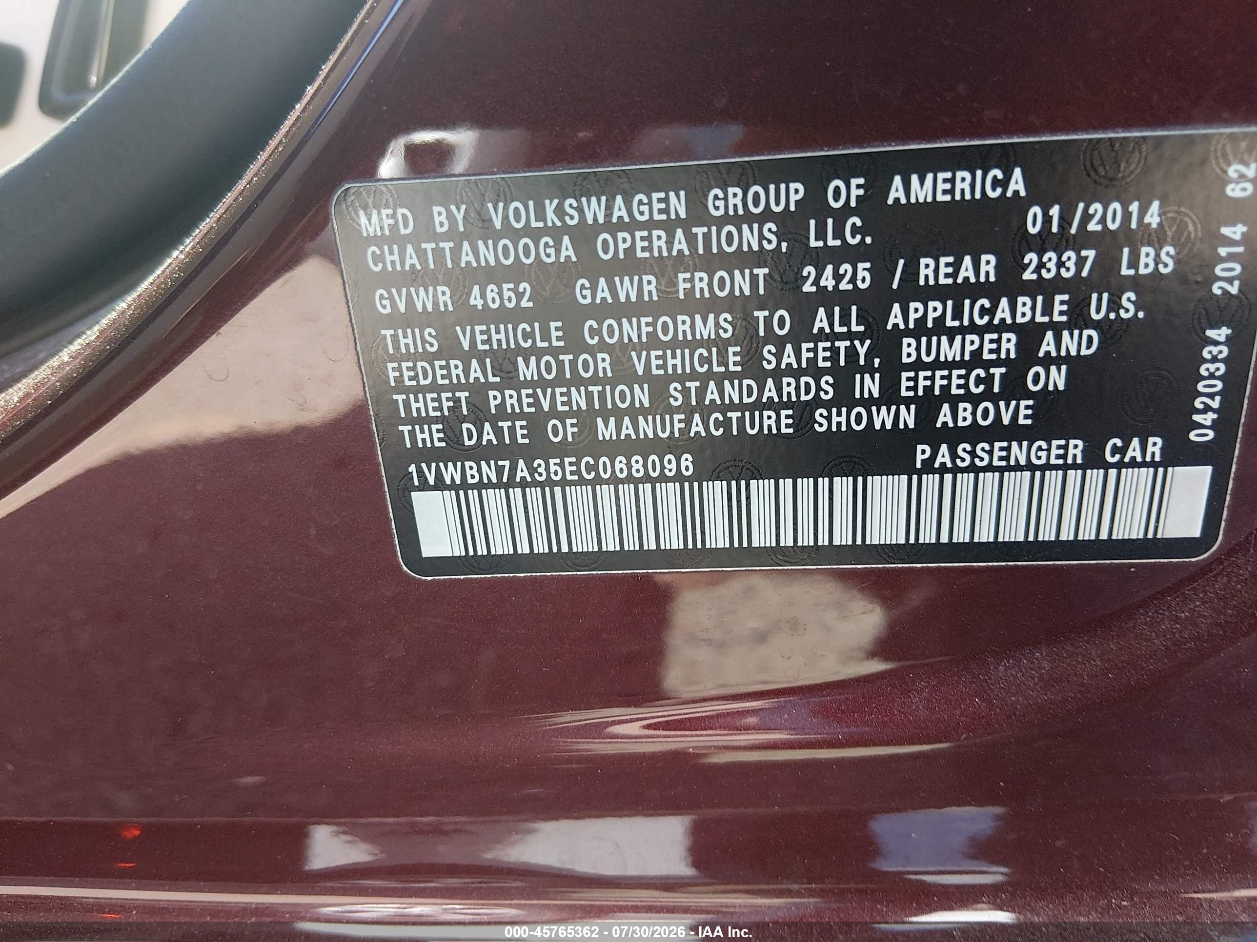 2014 Volkswagen Passat 2.0l Tdi Se Красный vin: 1VWBN7A35EC068096