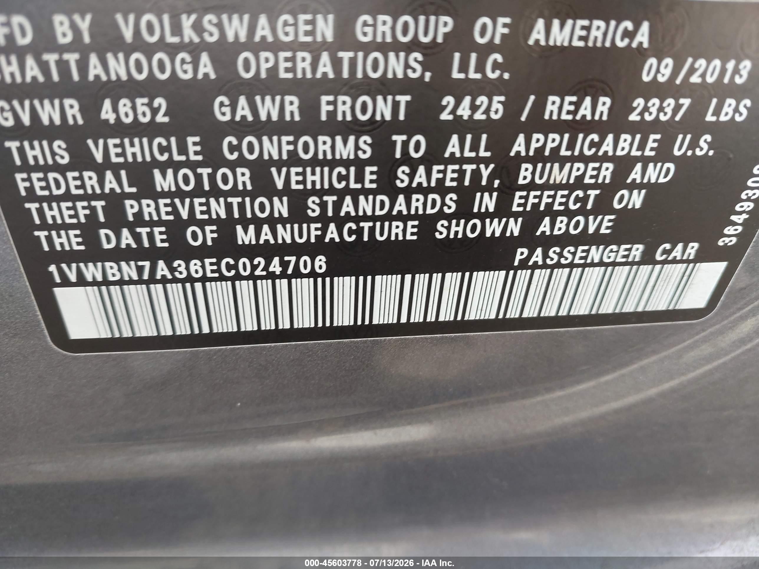 2014 Volkswagen Passat Se Gray vin: 1VWBN7A36EC024706