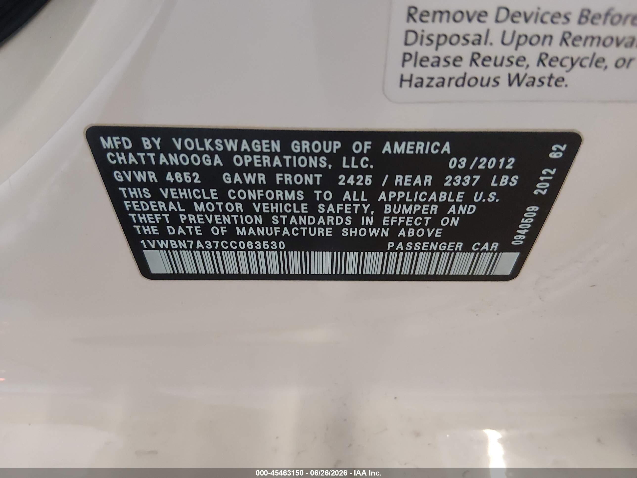 2012 Volkswagen Passat 2.0l Tdi Se White vin: 1VWBN7A37CC063530
