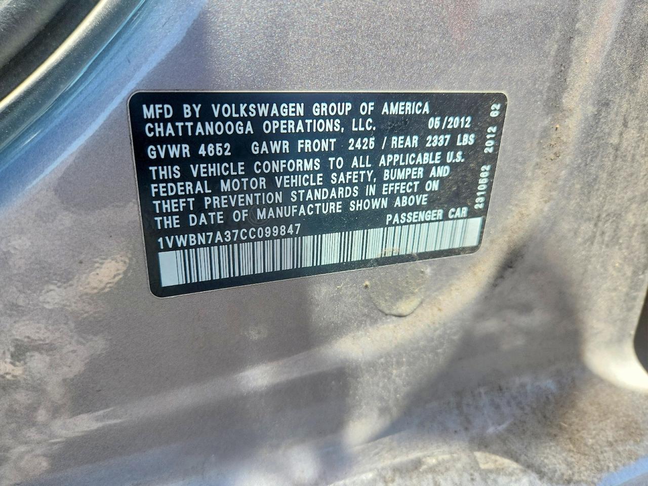 2012 Volkswagen Passat Se Silver vin: 1VWBN7A37CC099847
