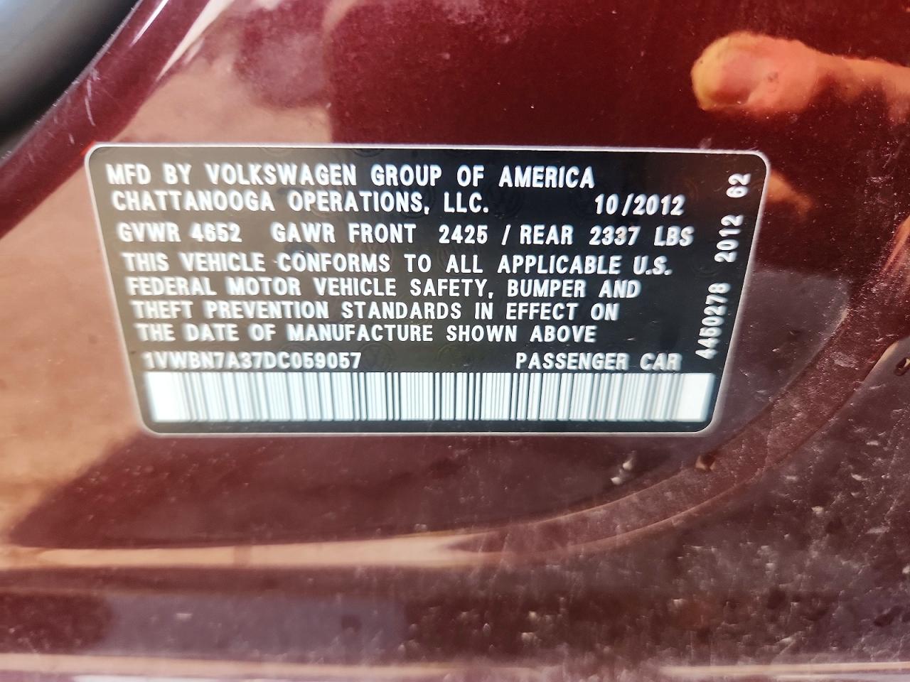 2013 Volkswagen Passat Se Burgundy vin: 1VWBN7A37DC059057