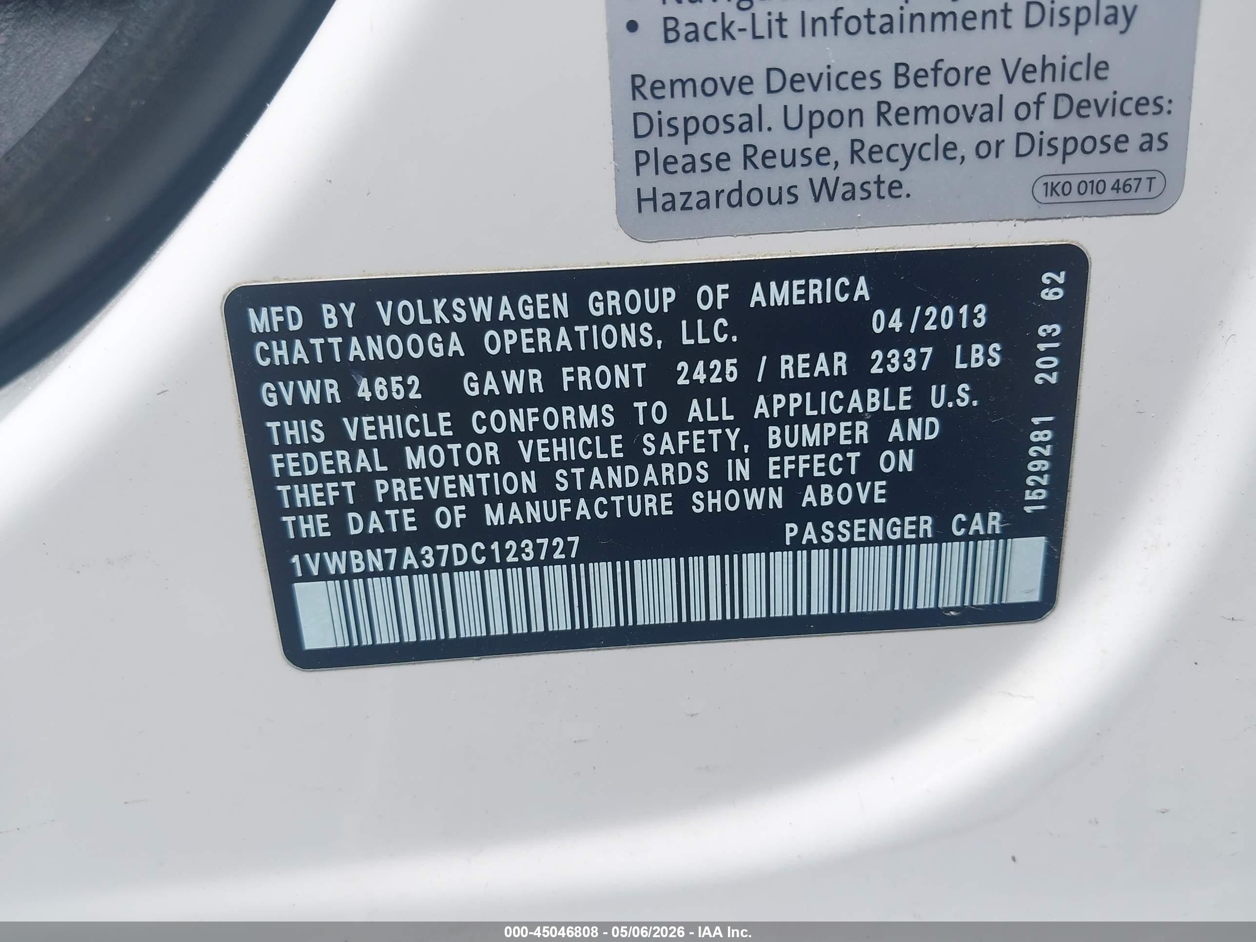 2013 Volkswagen Passat 2.0l Tdi Se White vin: 1VWBN7A37DC123727