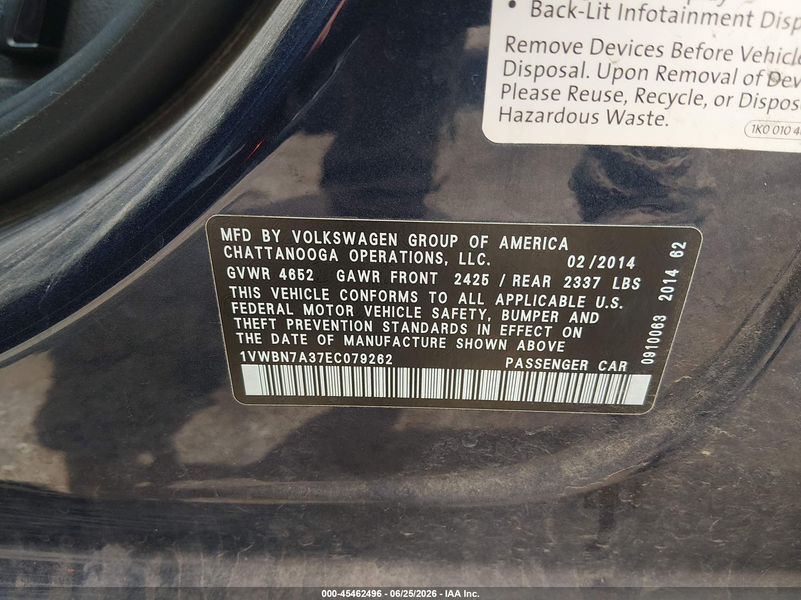 2014 Volkswagen Passat 2.0l Tdi Se Blue vin: 1VWBN7A37EC079262