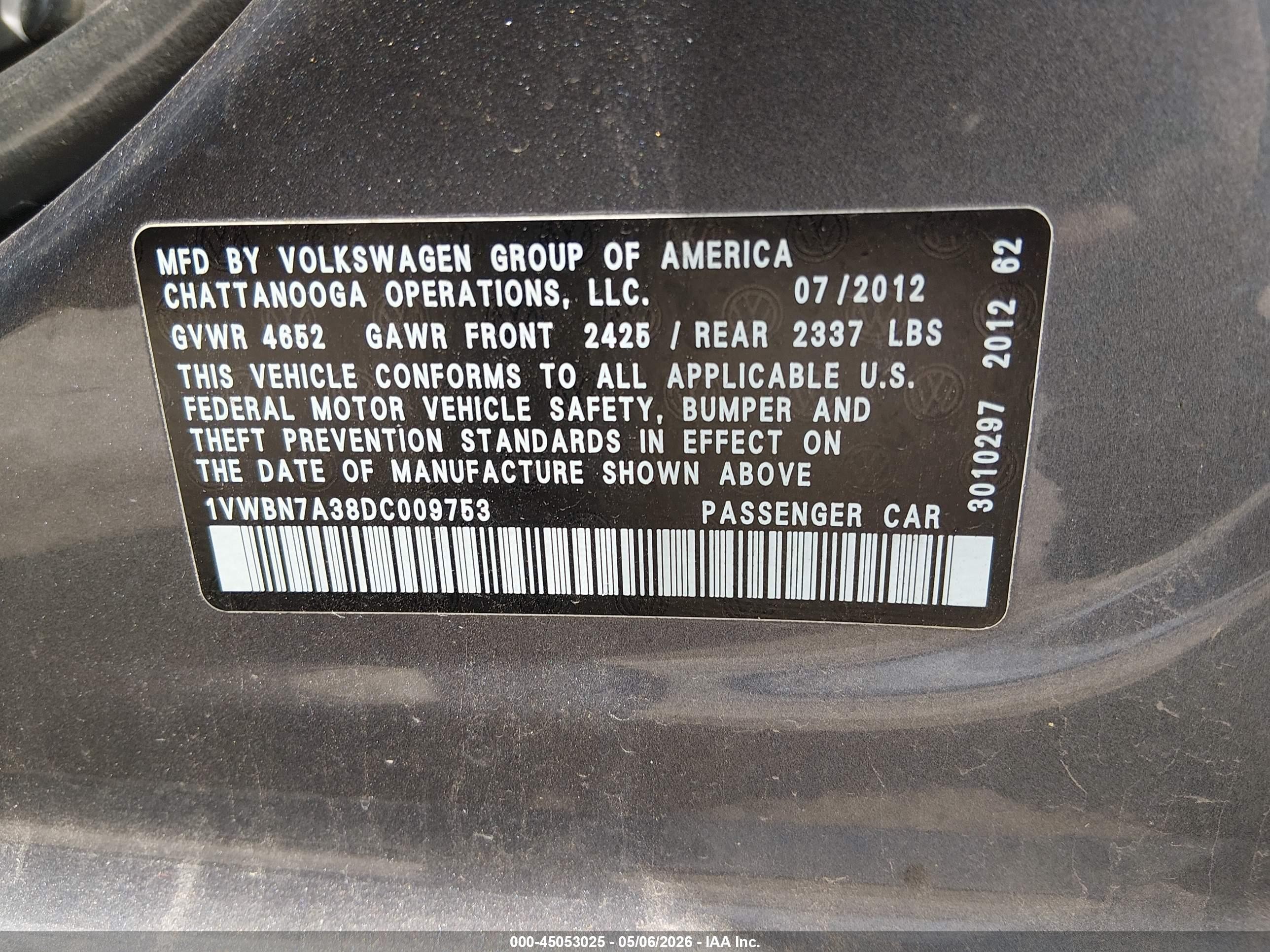 2013 Volkswagen Passat 2.0l Tdi Se Gray vin: 1VWBN7A38DC009753