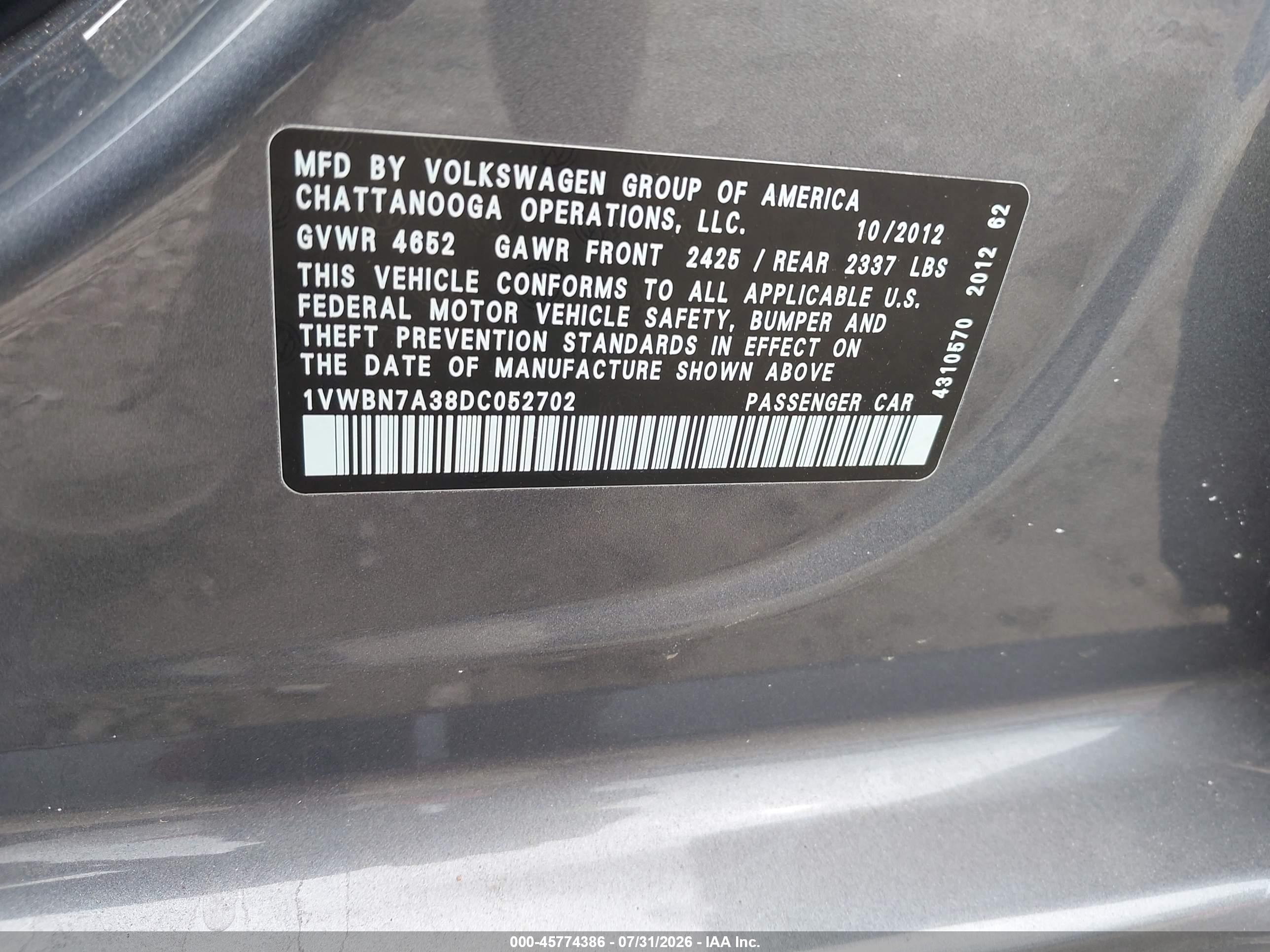 2013 Volkswagen Passat 2.0l Tdi Se Gray vin: 1VWBN7A38DC052702