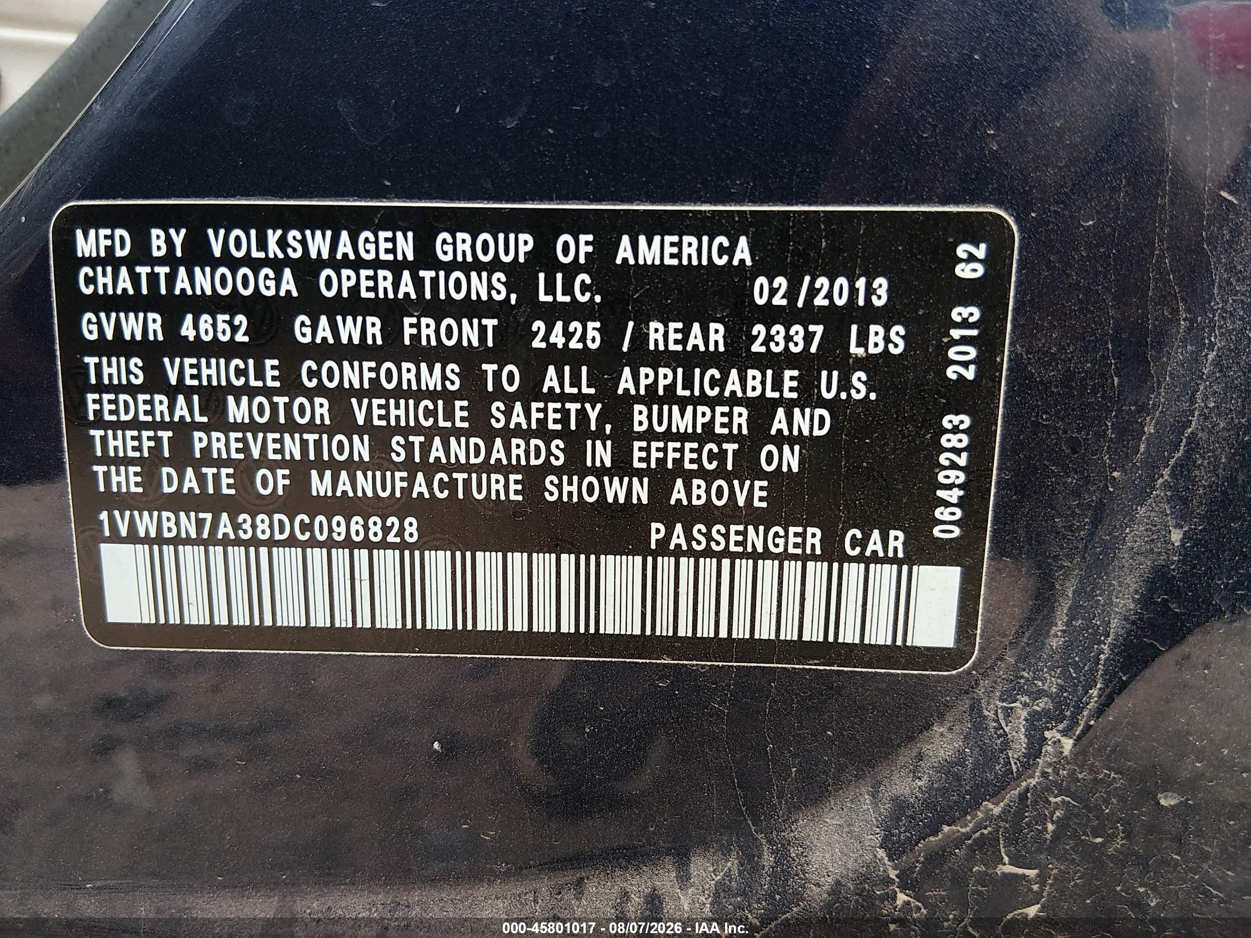 2013 Volkswagen Passat 2.0l Tdi Se Dark Blue vin: 1VWBN7A38DC096828