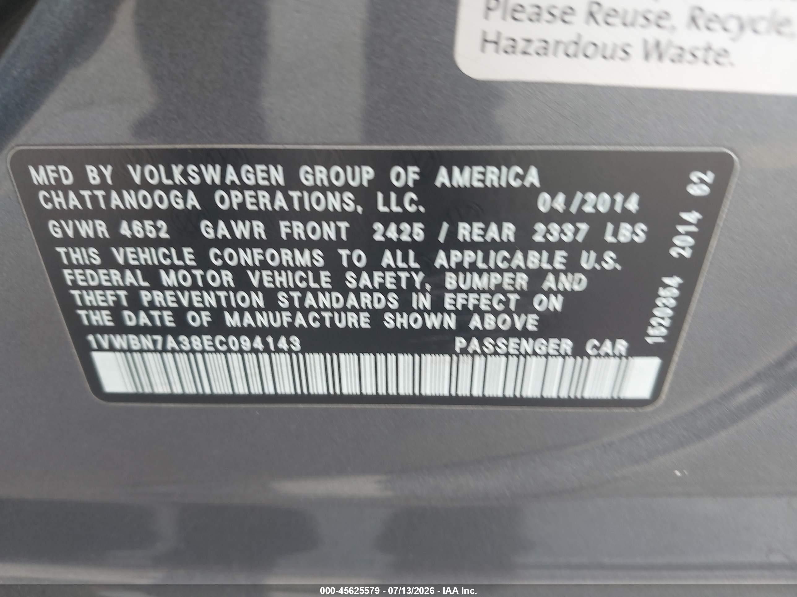 2014 Volkswagen Passat 2.0l Tdi Se Gray vin: 1VWBN7A38EC094143