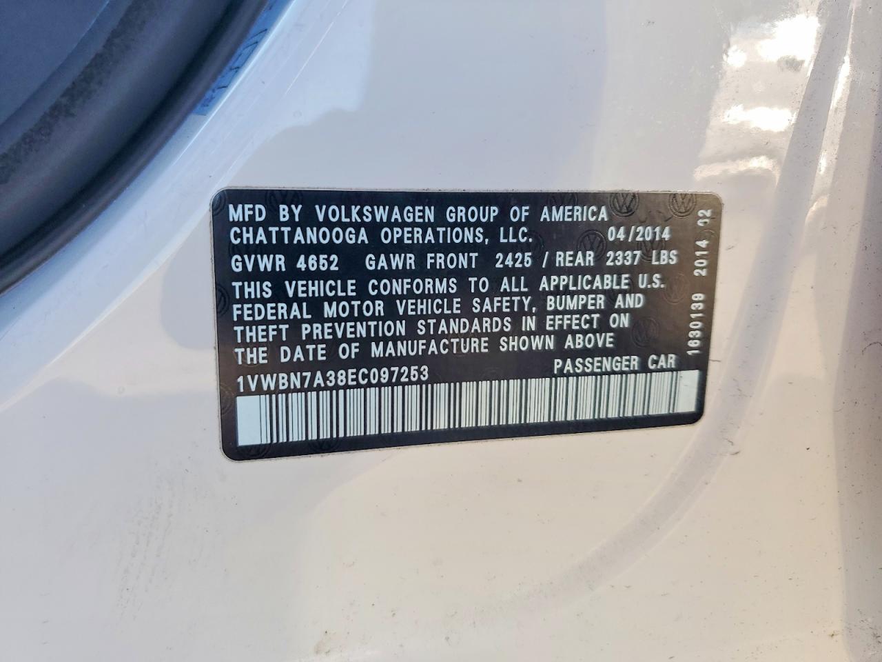 2014 Volkswagen Passat Se White vin: 1VWBN7A38EC097253