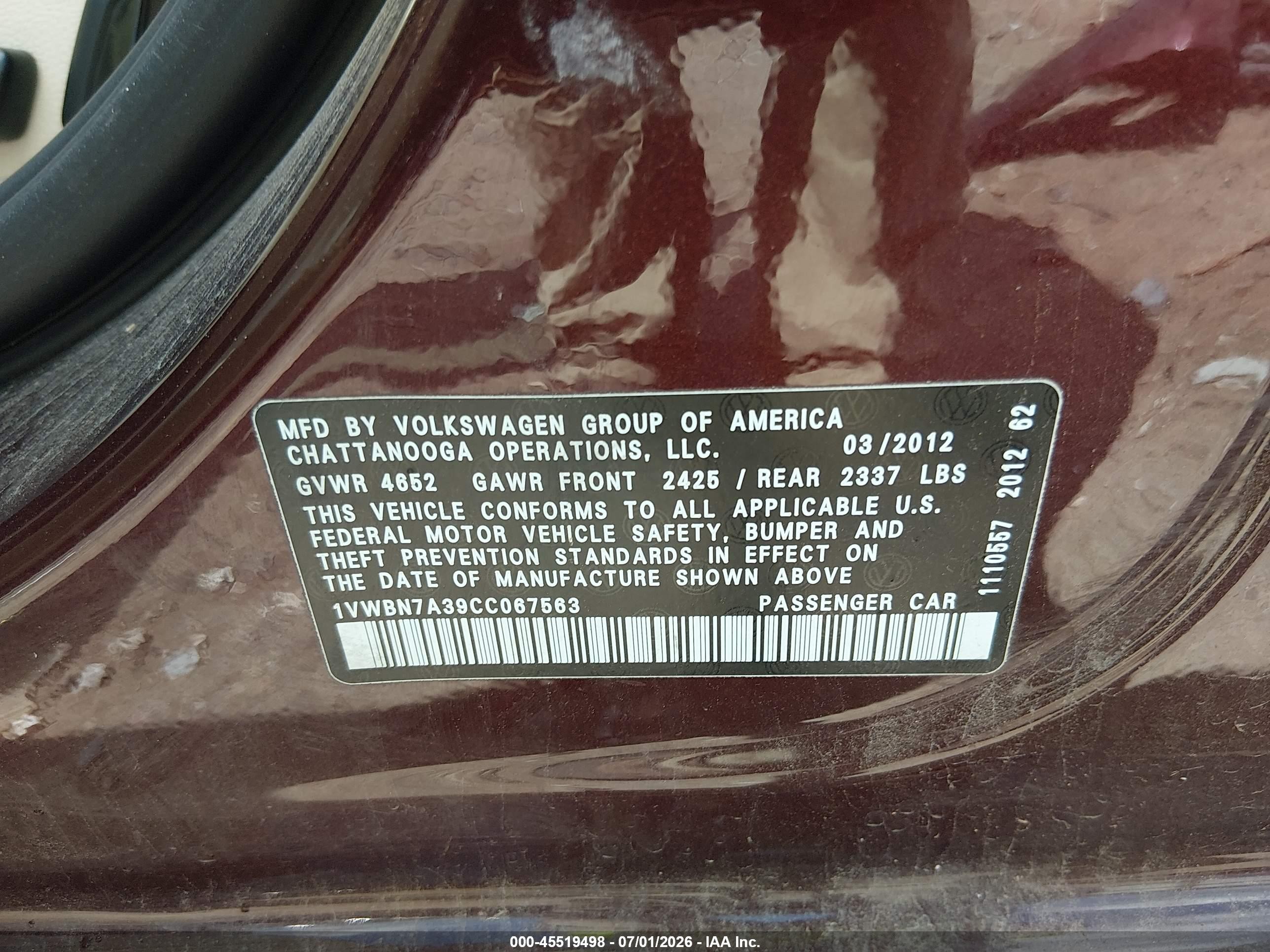 2012 Volkswagen Passat 2.0l Tdi Se Burgundy vin: 1VWBN7A39CC067563