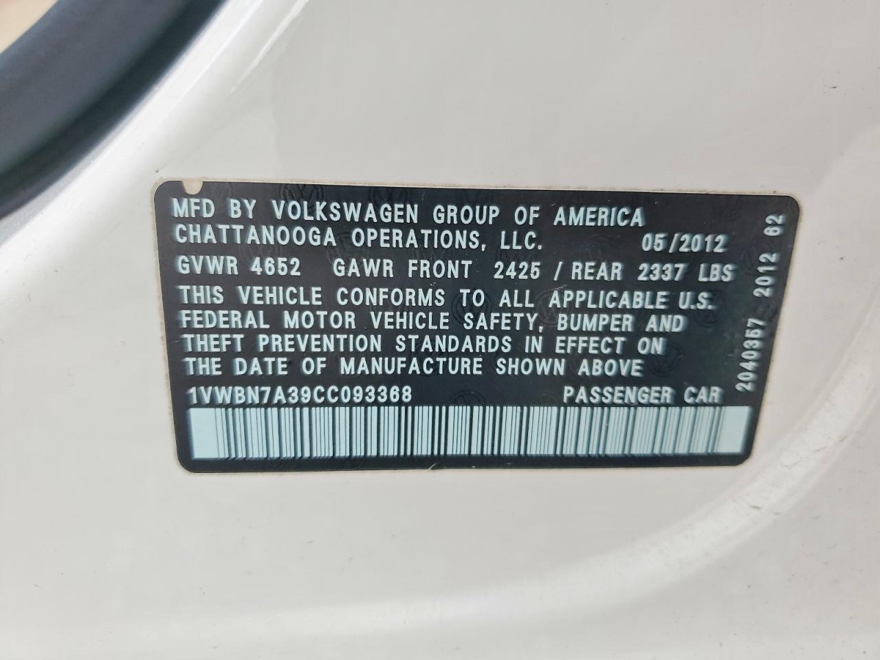2012 Volkswagen Passat Se White vin: 1VWBN7A39CC093368