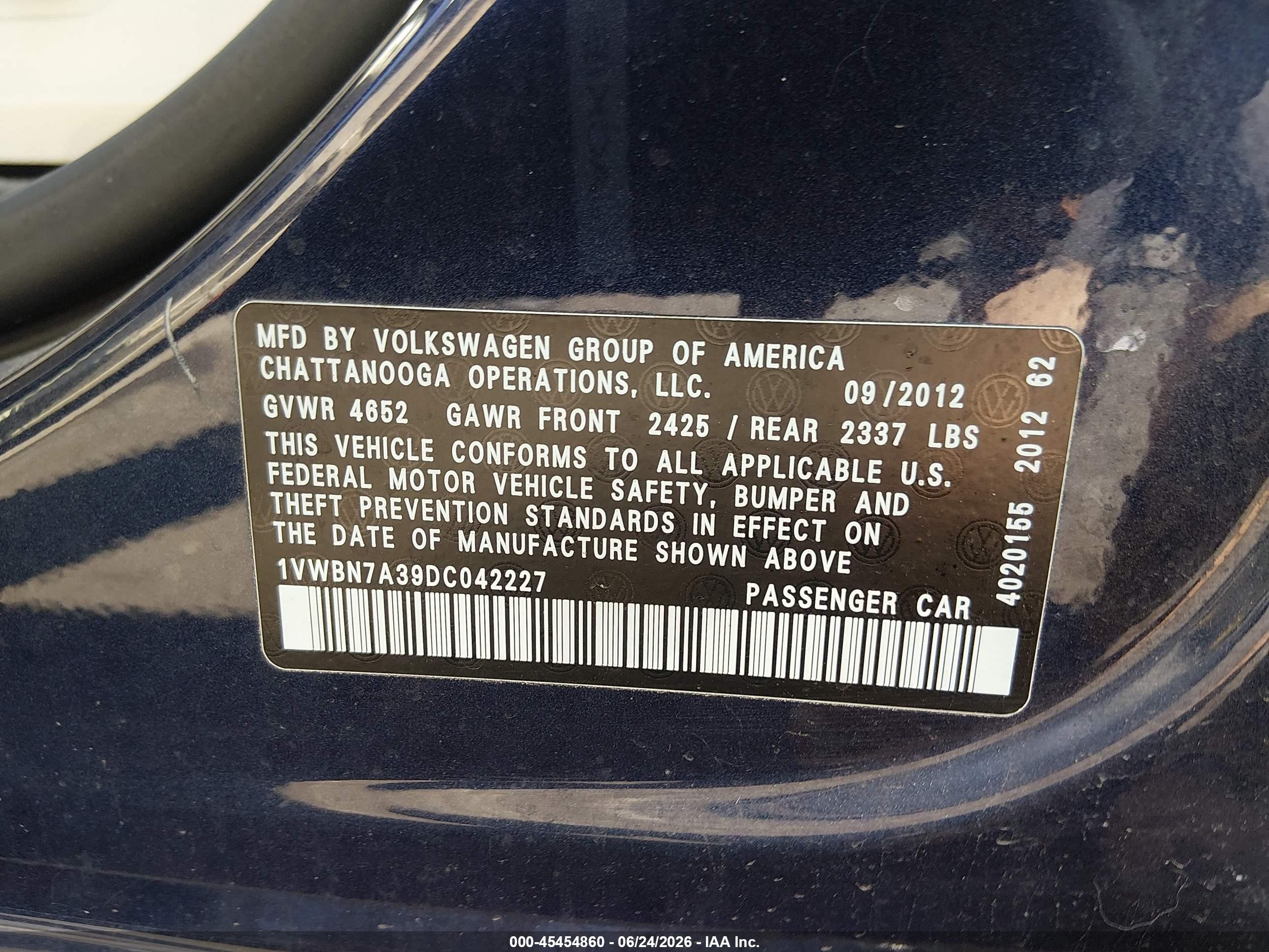 2013 Volkswagen Passat 2.0l Tdi Se vin: 1VWBN7A39DC042227