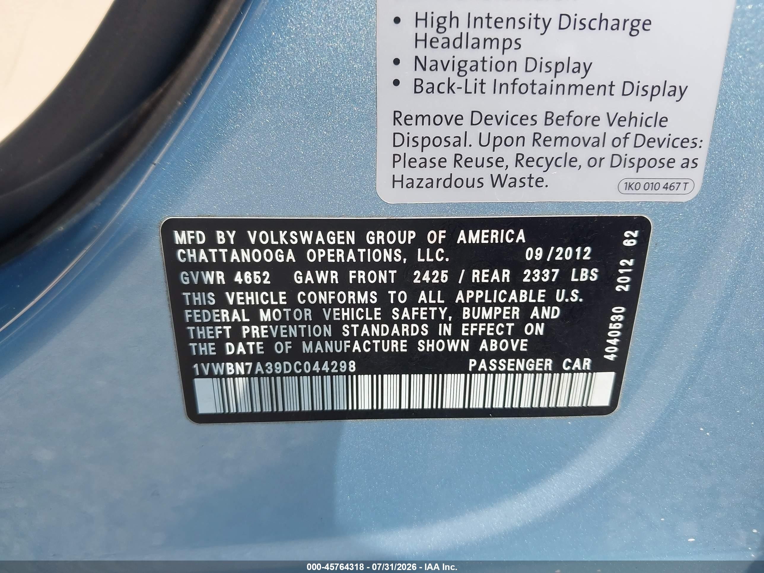 2013 Volkswagen Passat 2.0l Tdi Se Light Blue vin: 1VWBN7A39DC044298