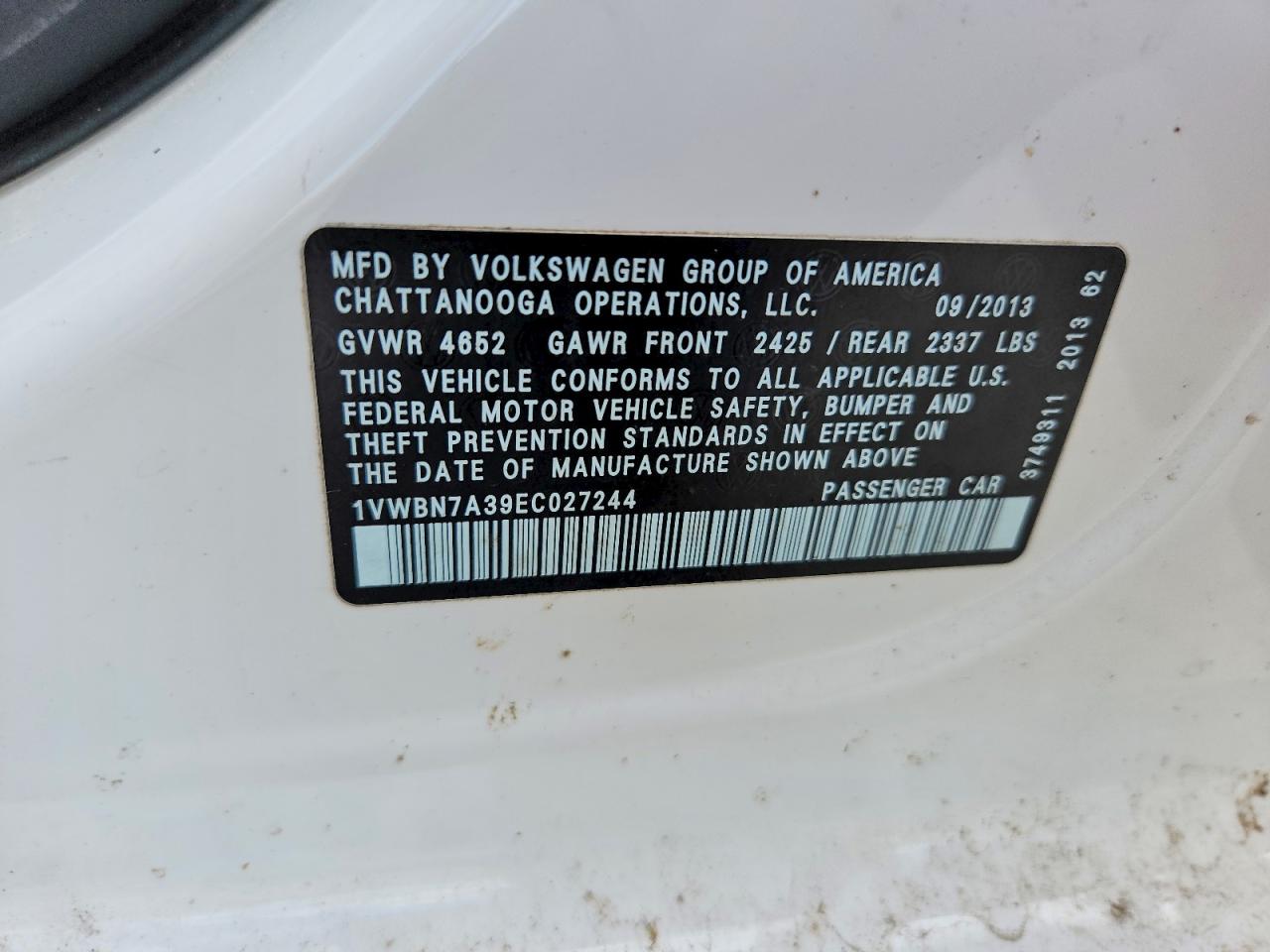 2014 Volkswagen Passat Se White vin: 1VWBN7A39EC027244
