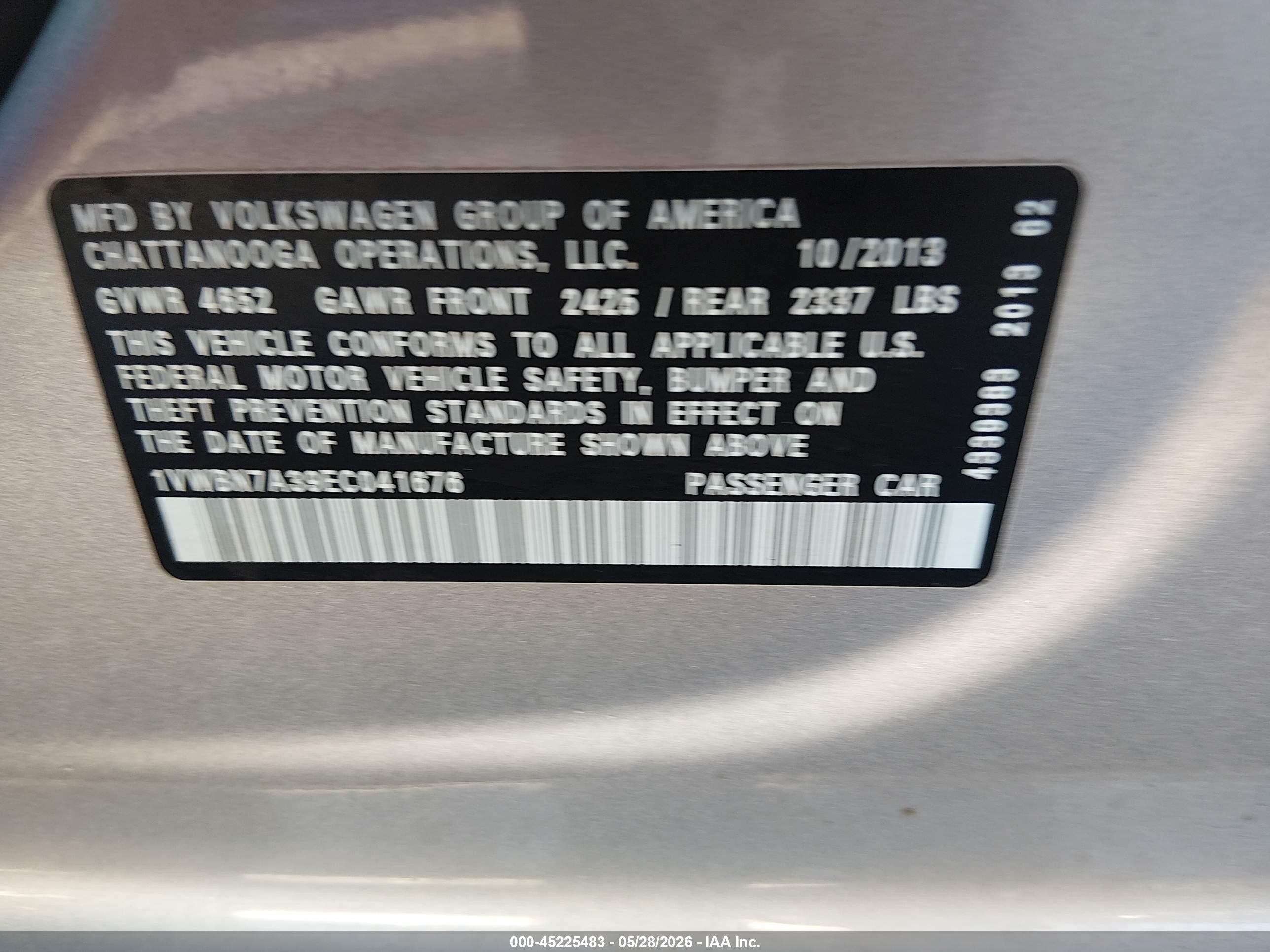 2014 Volkswagen Passat 2.0l Tdi Se Silver vin: 1VWBN7A39EC041676